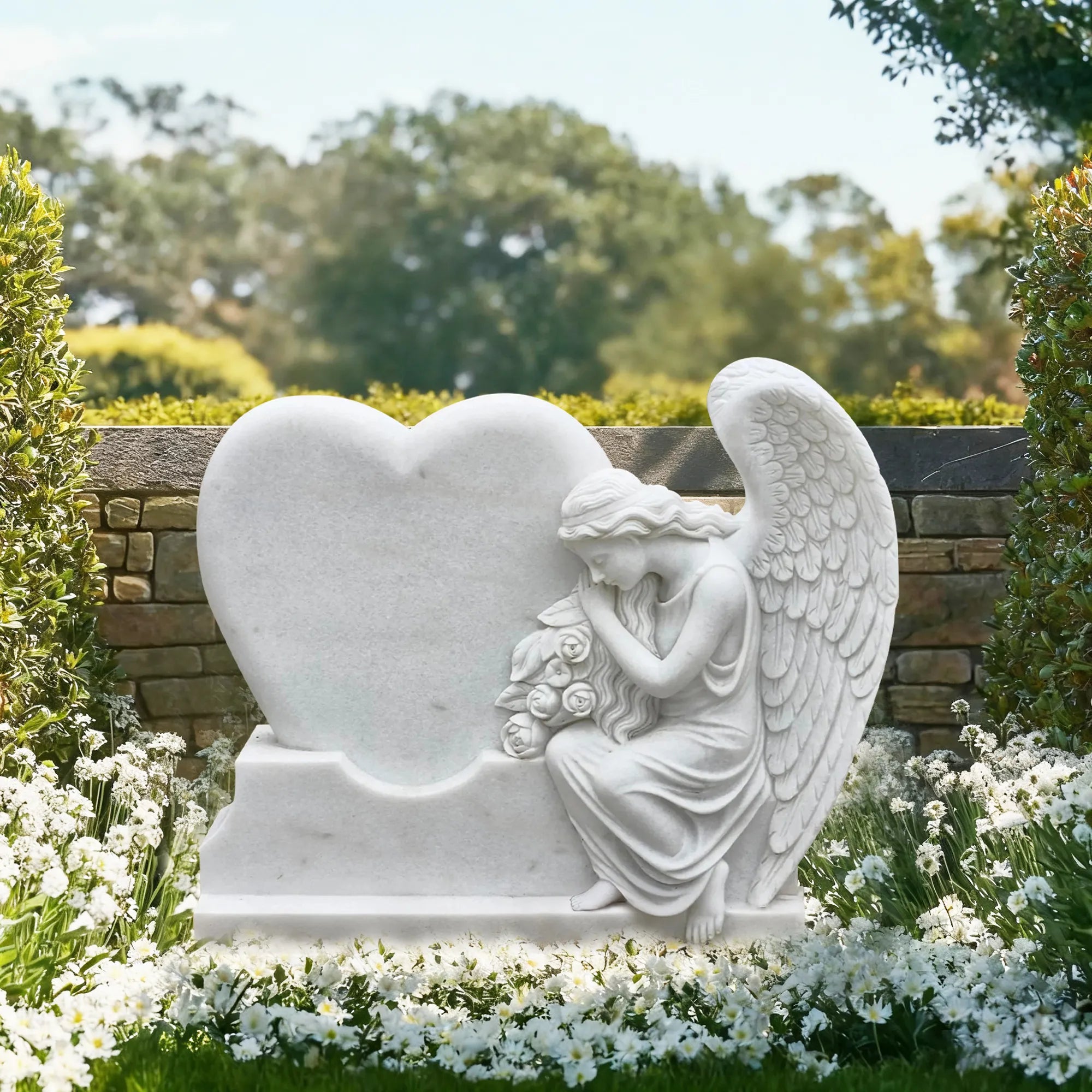 Marble Memorial Sculpture of Elegant Angel with Heart and Flowers for Cemeteries and Gardens