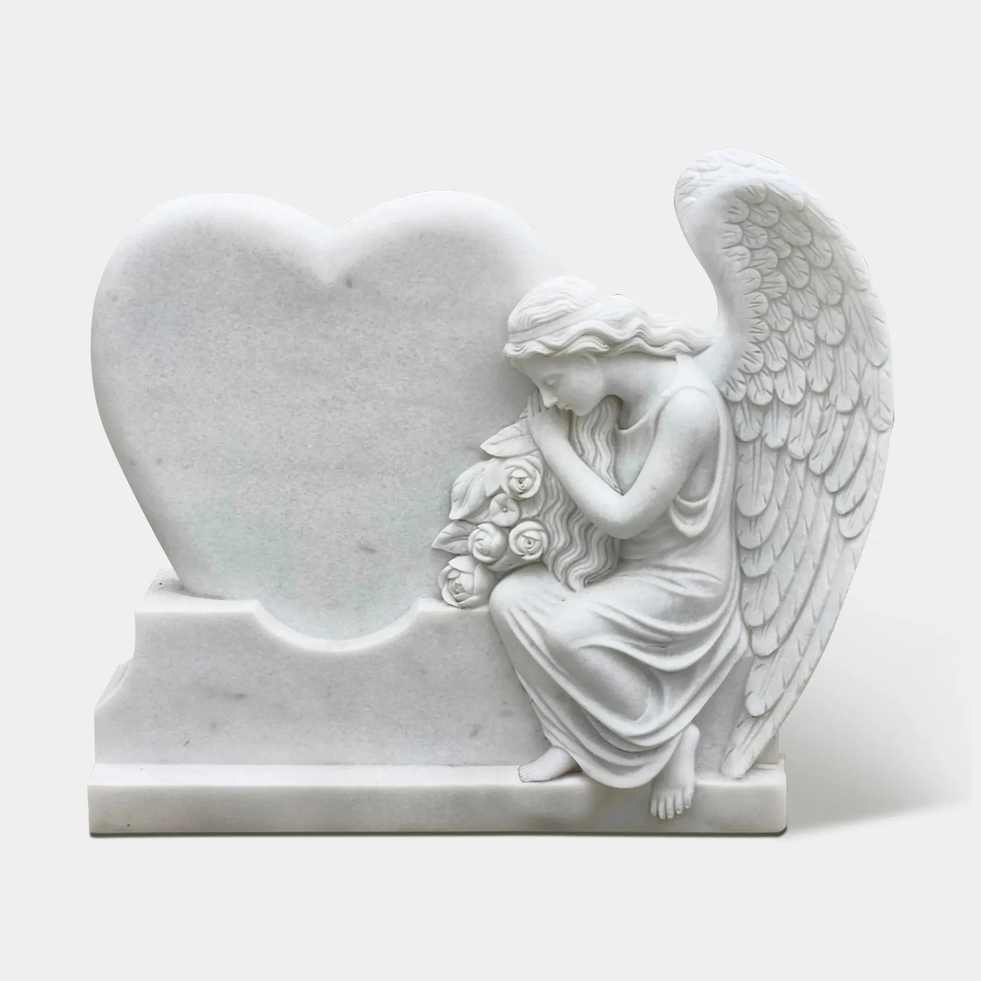 Marble Memorial Sculpture of Elegant Angel with Heart and Flowers for Cemeteries and Gardens