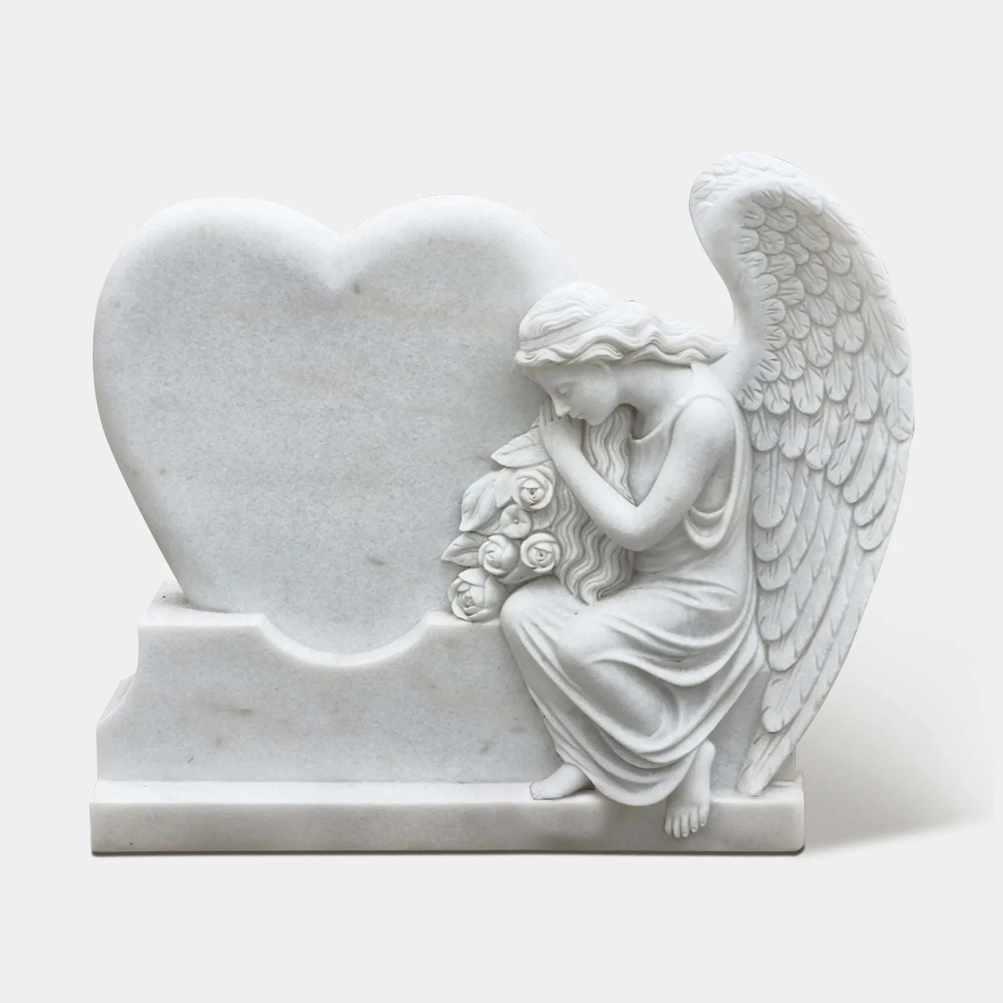 Marble Memorial Sculpture of Elegant Angel with Heart and Flowers for Cemeteries and Gardens