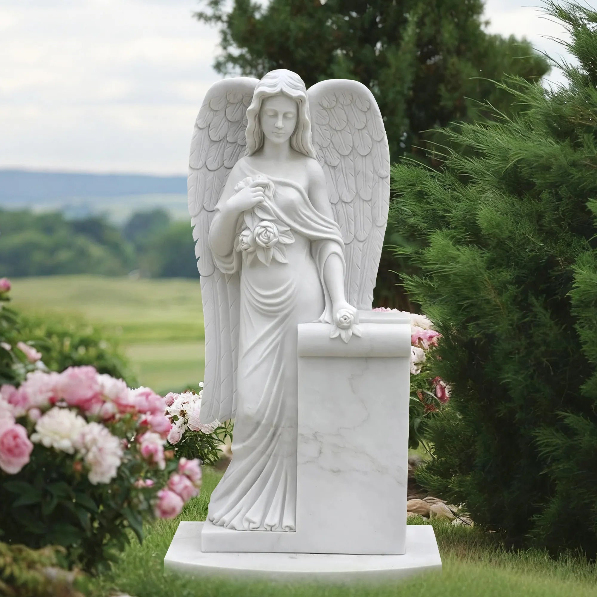 Angel Marble Sculpture with Flowers and Monument for Gardens and Memorial Spaces