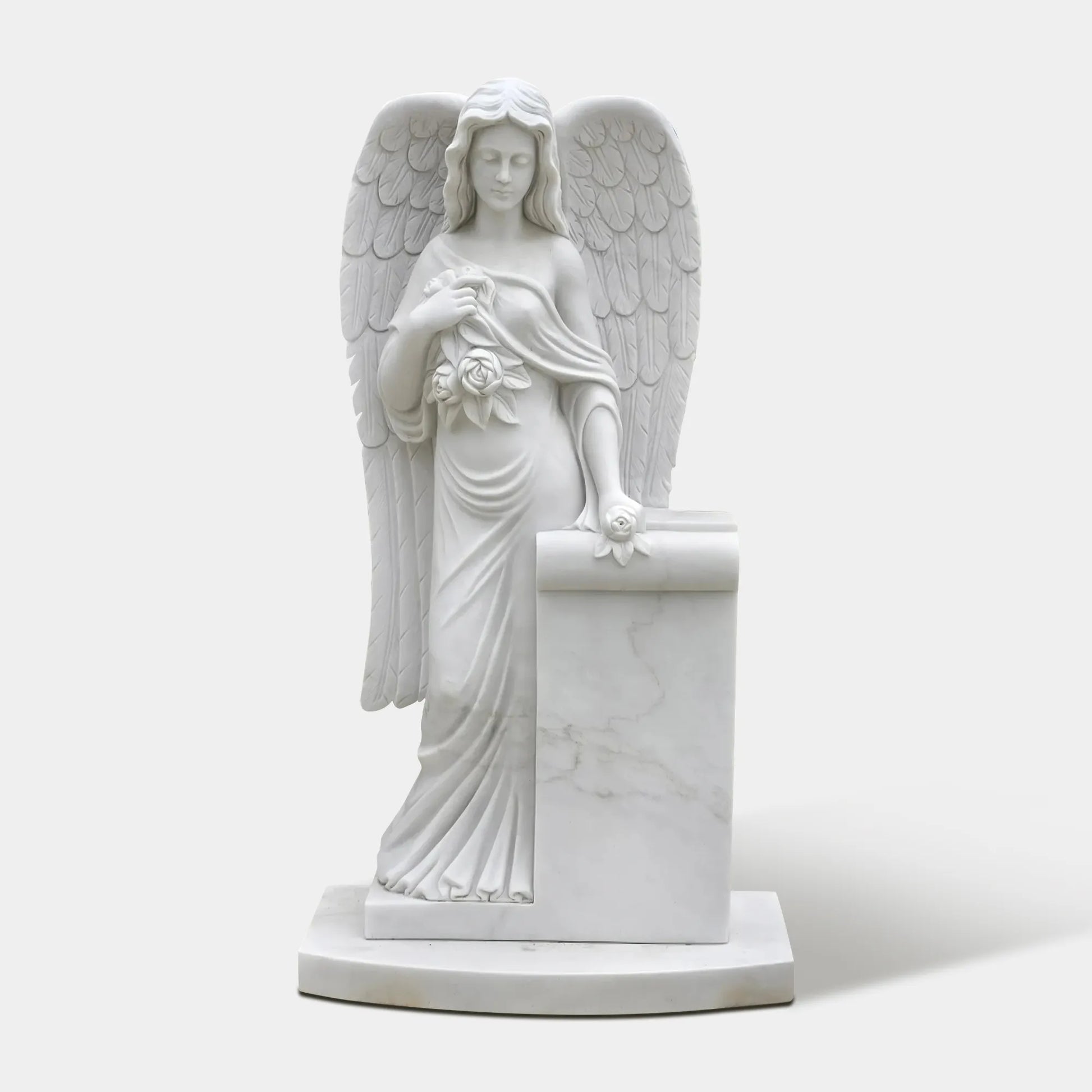 Angel Marble Sculpture with Flowers and Monument for Gardens and Memorial Spaces