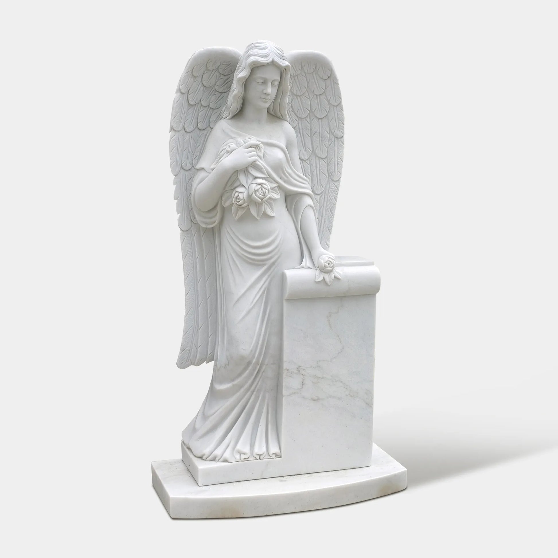 Angel Marble Sculpture with Flowers and Monument for Gardens and Memorial Spaces