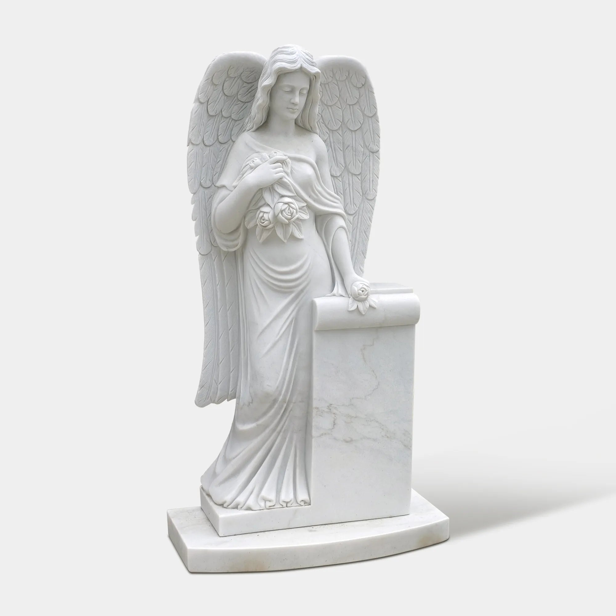 Angel Marble Sculpture with Flowers and Monument for Gardens and Memorial Spaces