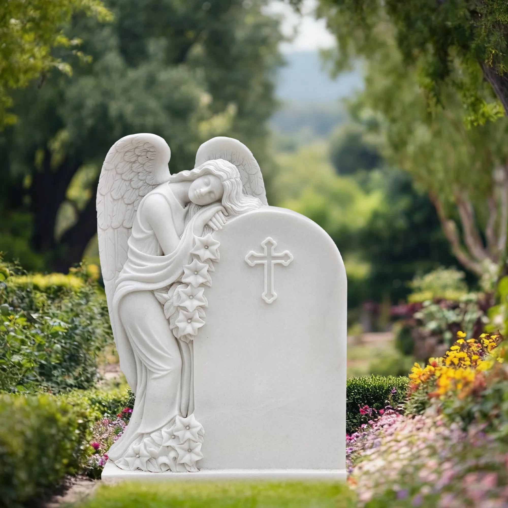Marble angel sculpture with classical design for cemeteries and memorial gardens.