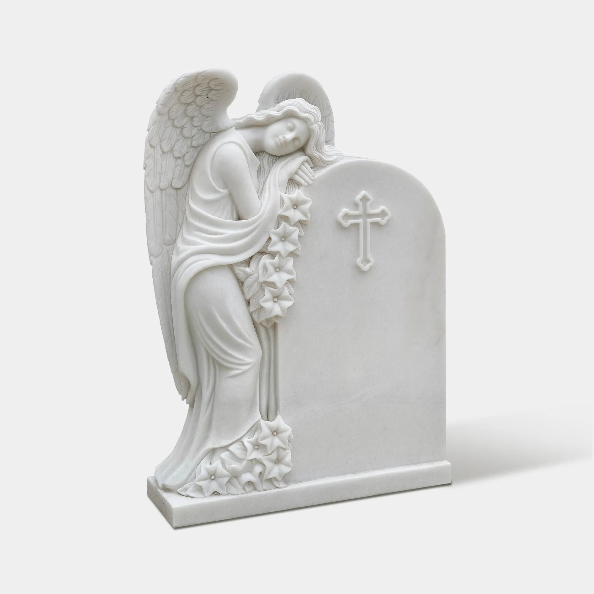 Marble angel sculpture with classical design for cemeteries and memorial gardens.