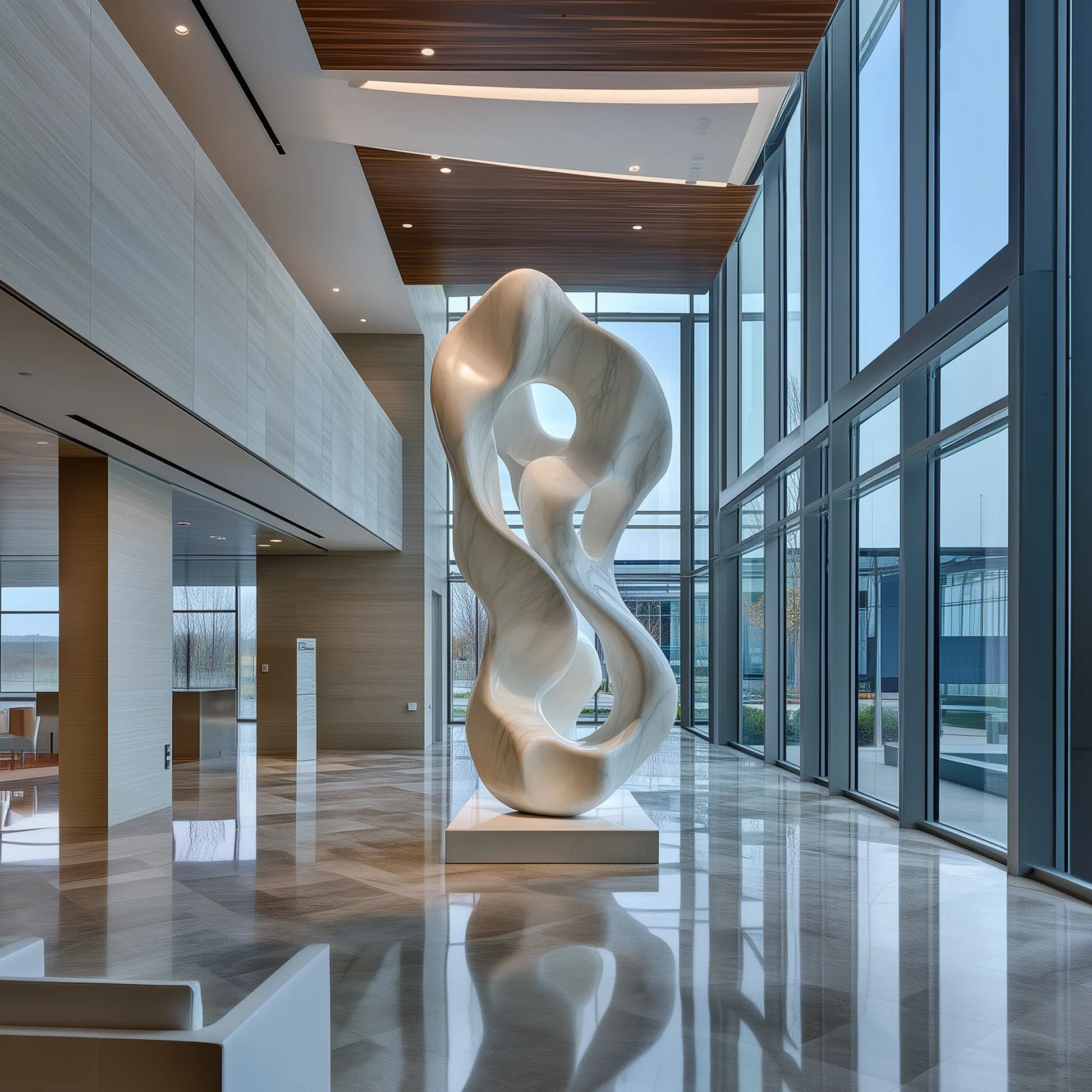 White marble sculpture with organic form design, ideal for modern villas, gardens, and galleries.