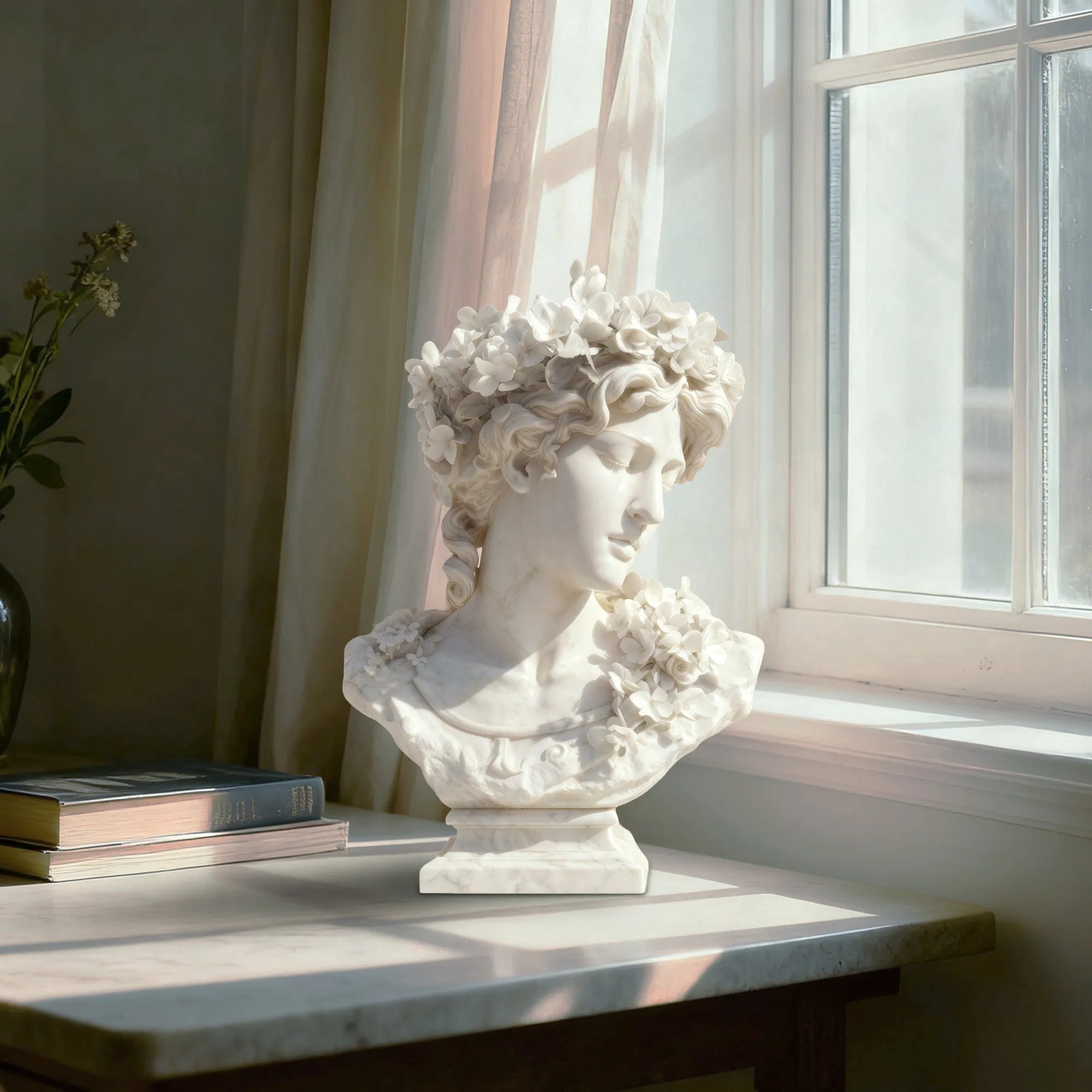 Marble bust of a girl in side profile decorated with fresh flowers for luxury interiors and galleries.