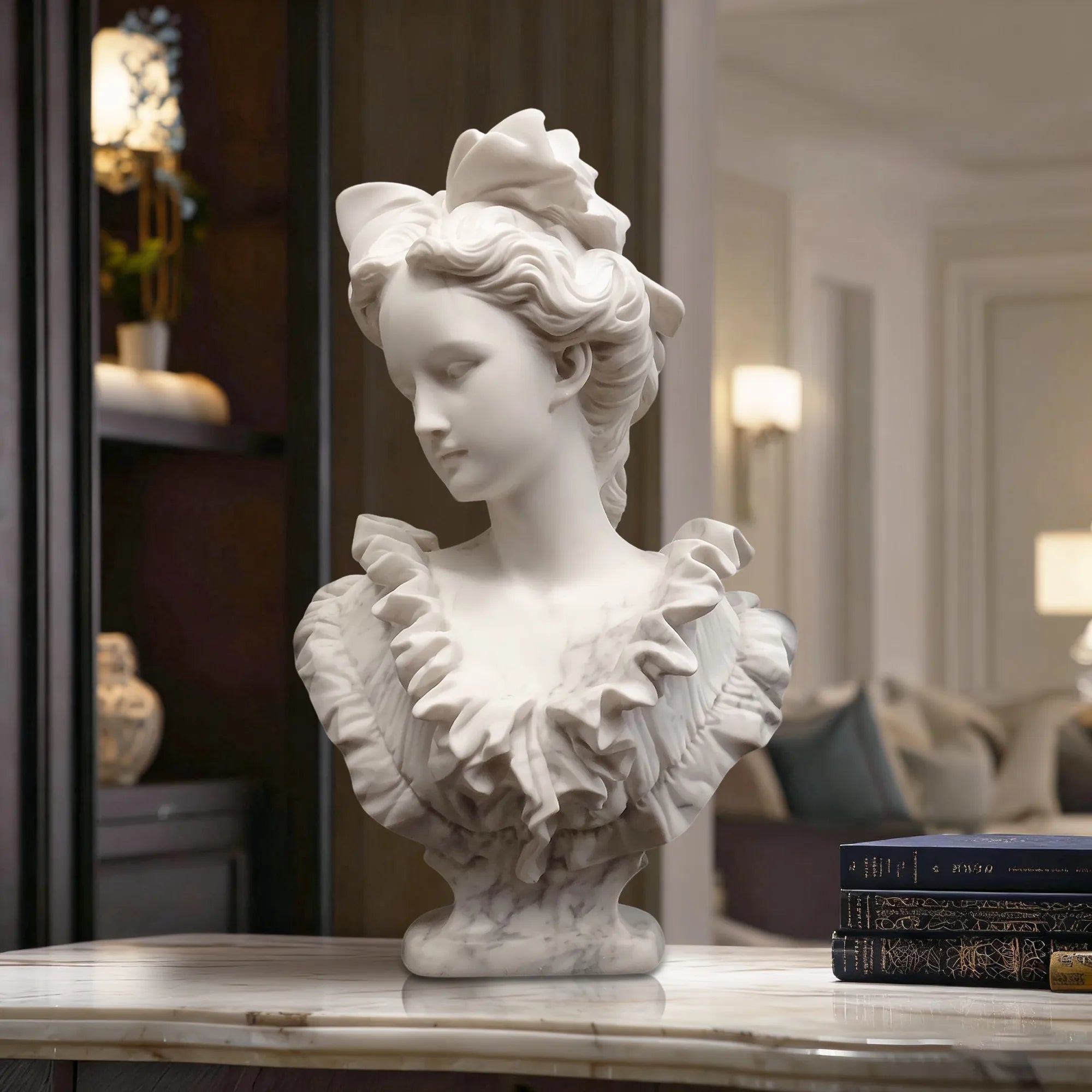 Marble classical bust sculpture of a girl with bow and dress detail for galleries and interiors.