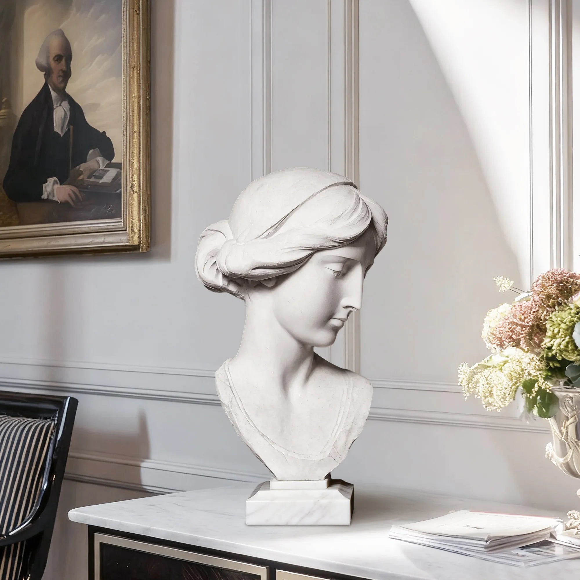 Marble bust sculpture of a graceful woman with soft expression for villas, hotels, and art spaces.