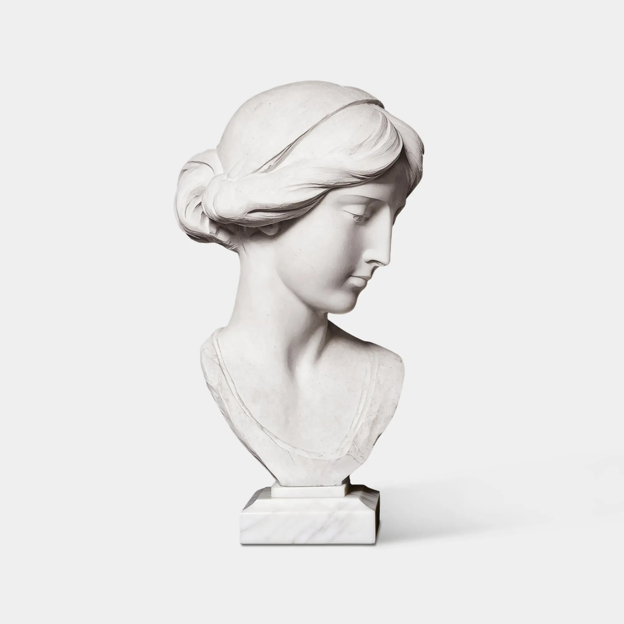 Marble bust sculpture of a graceful woman with soft expression for villas, hotels, and art spaces.