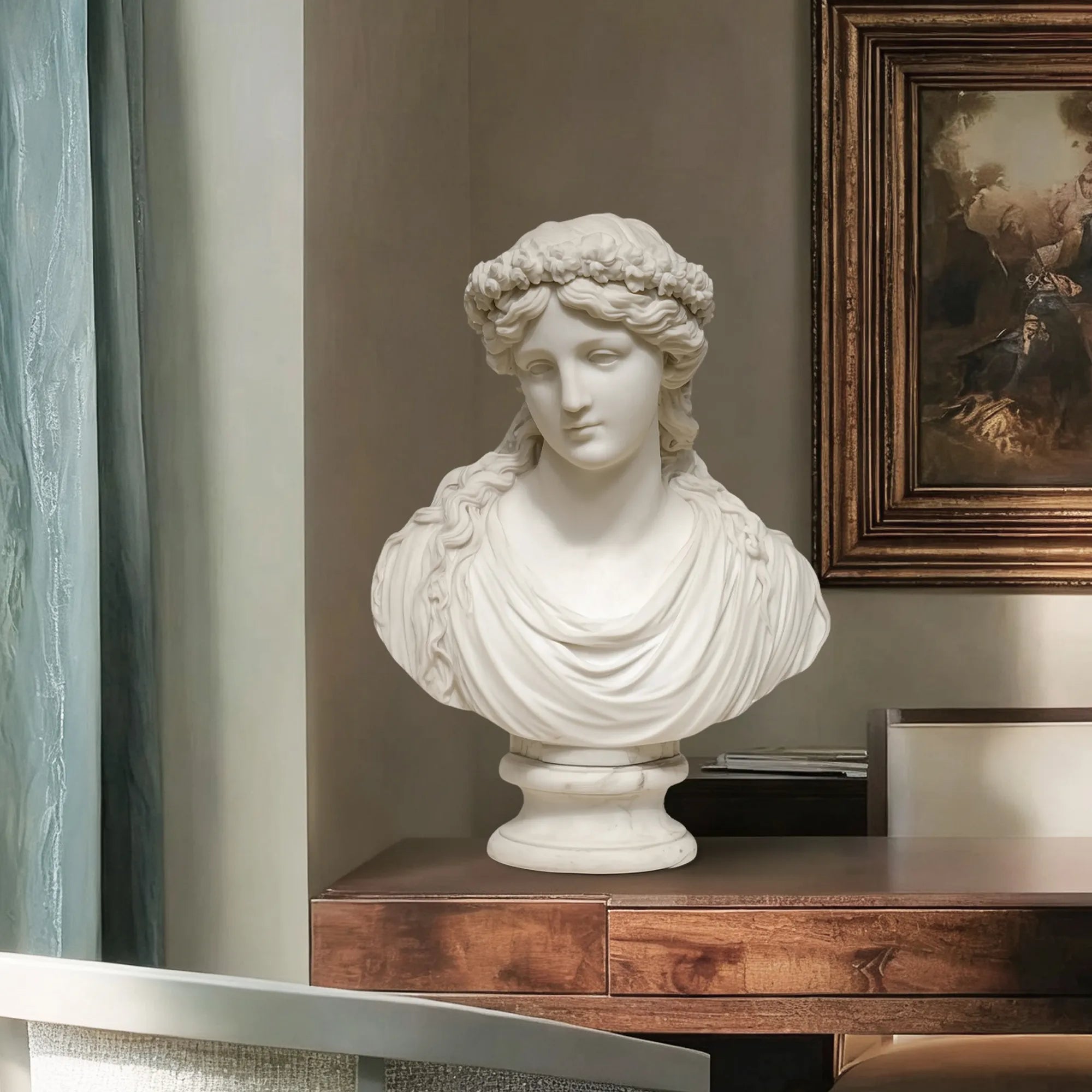 Marble bust of an elegant woman wearing a floral crown, suitable for luxury villas and interiors.