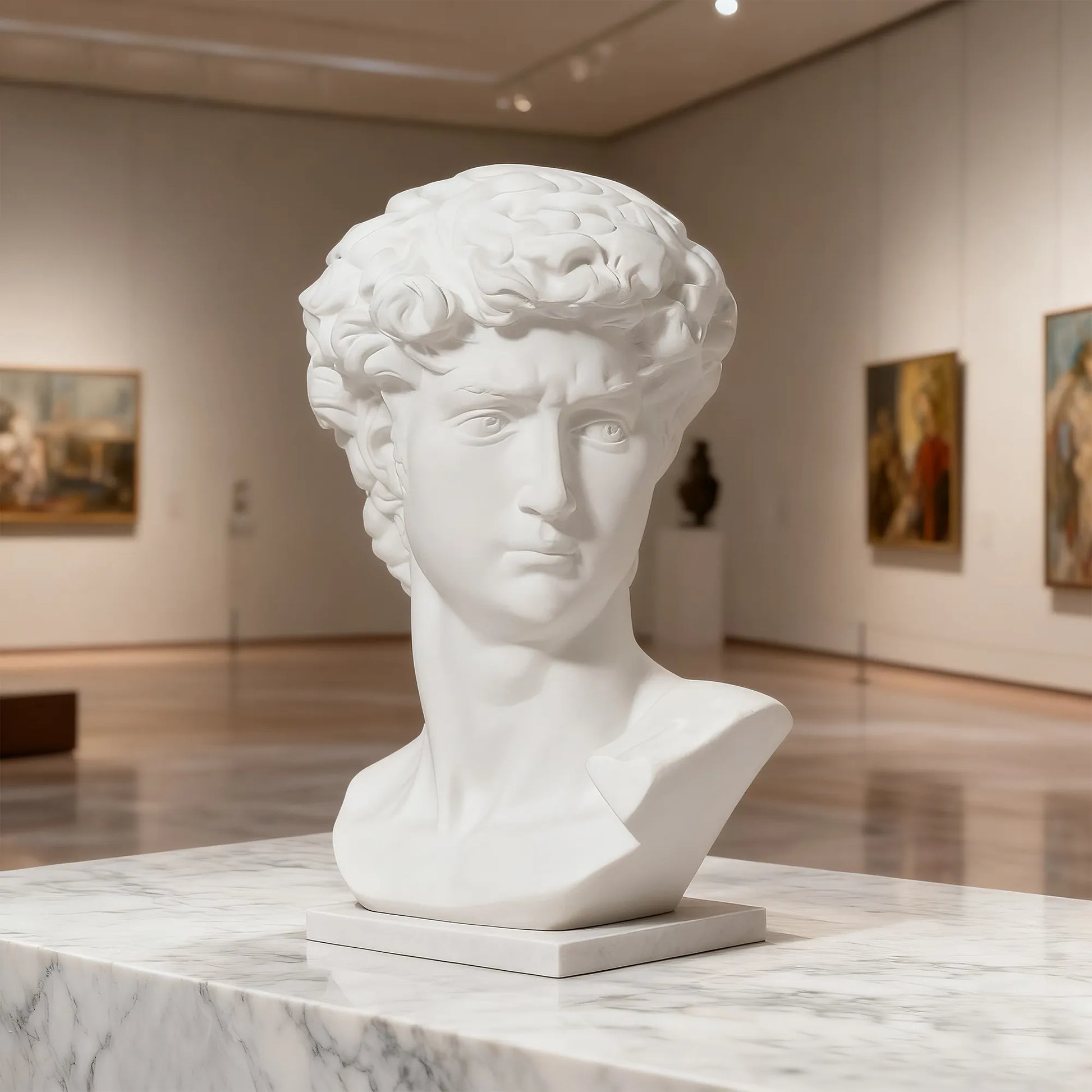 Marble bust sculpture of David with classical design for villas, luxury interiors and galleries.