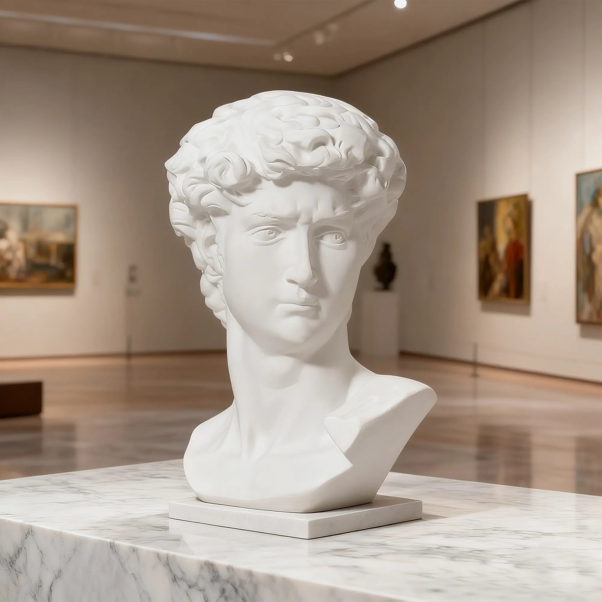 Marble bust sculpture of David with classical design for villas, luxury interiors and galleries.