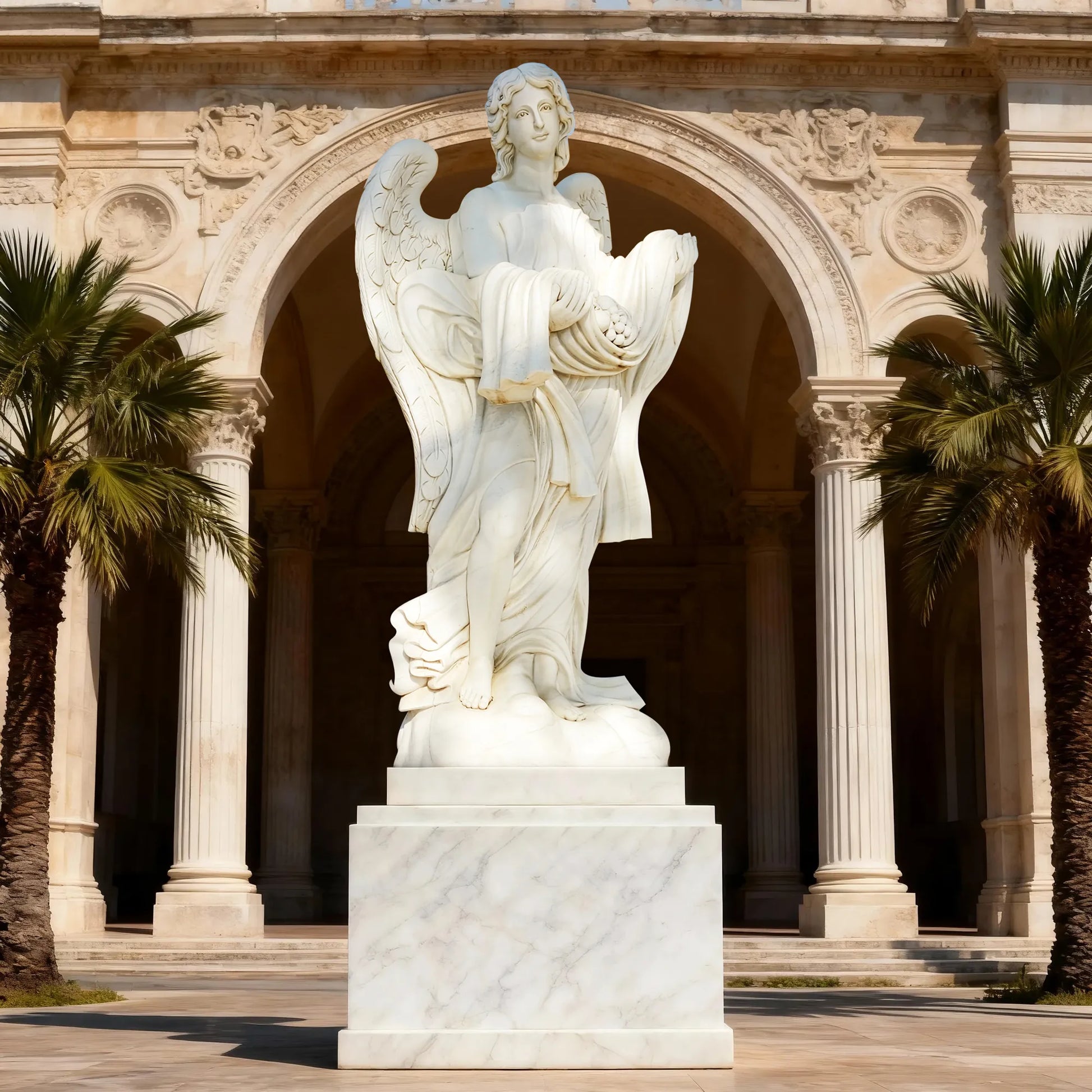 White marble angel sculpture hand-carved with wings and a draped cloth holding offerings, placed in front of a classical stone building.