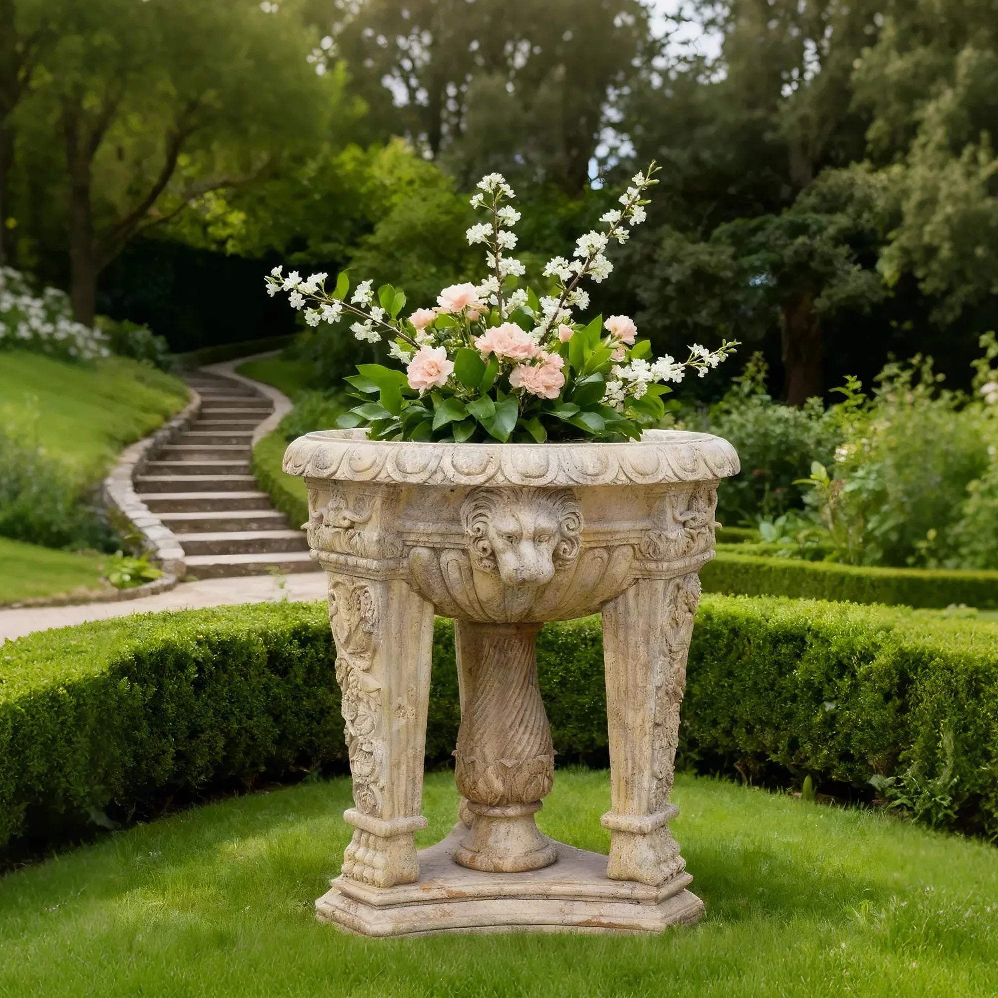 A finely crafted marble jardiniere sculpture with elegant lion heads and classical floral motifs. 
