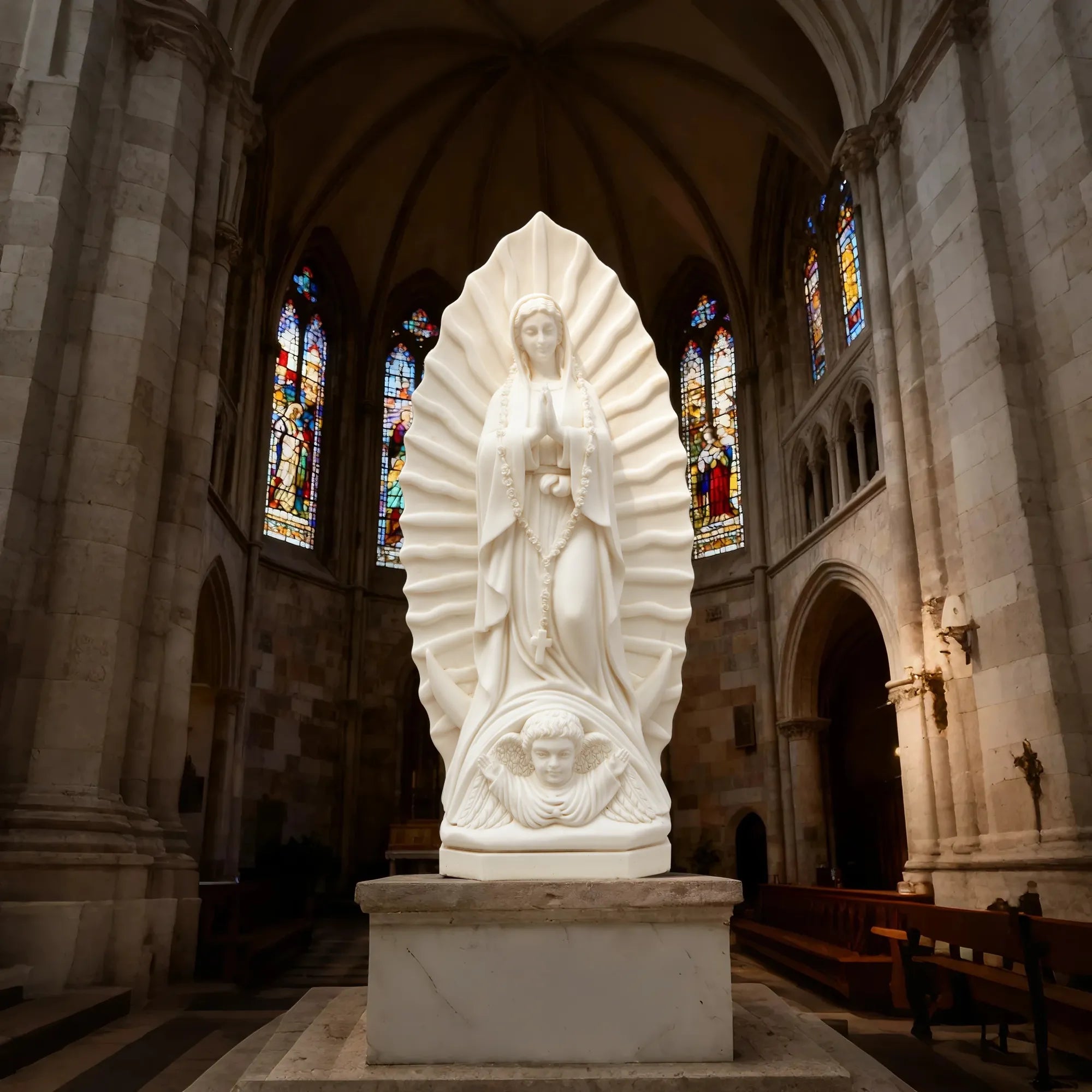 Marble sculpture of the Virgin Mary displayed in a softly lit chapel interior.