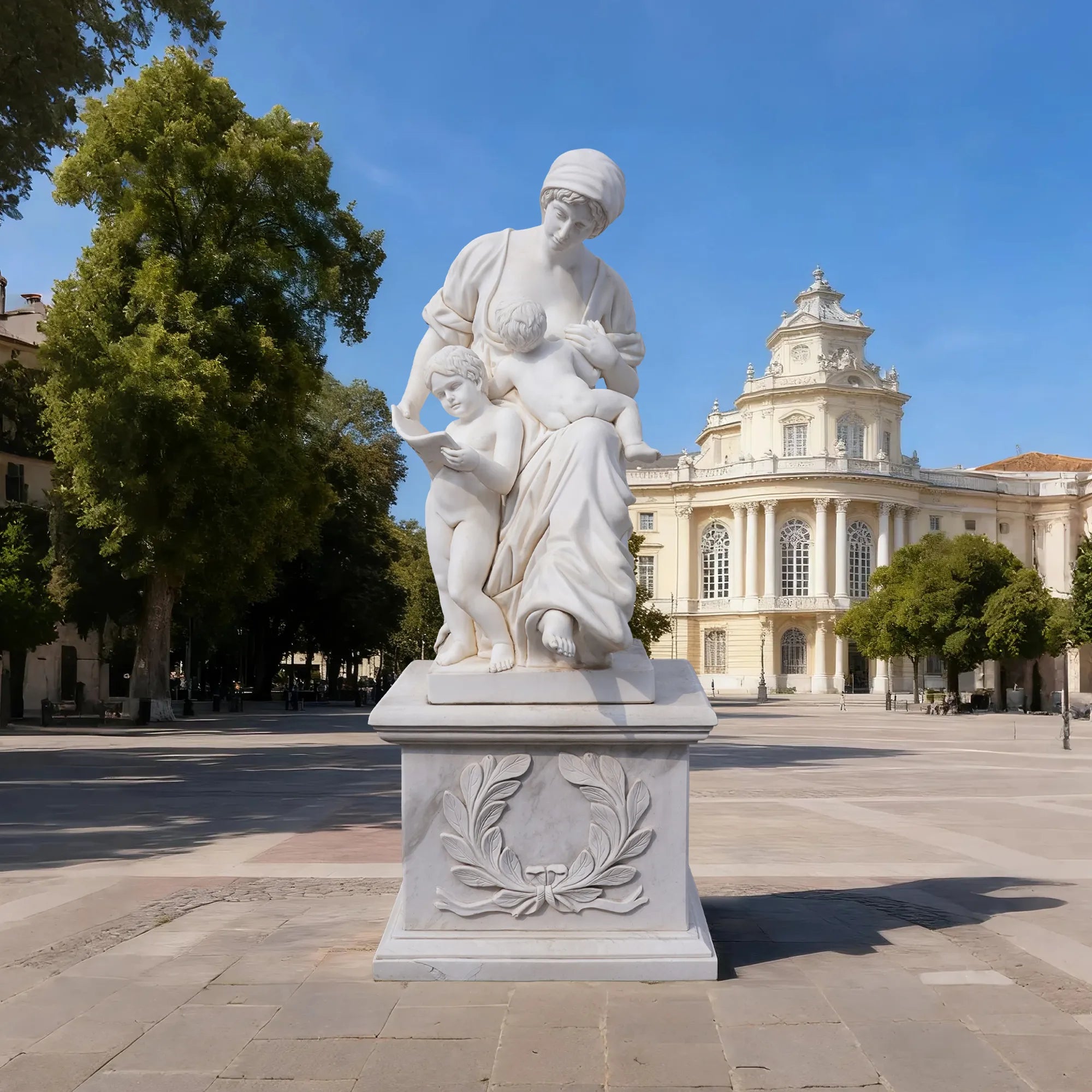Marble sculpture of a mother with two children reading together on a carved pedestal, displayed outdoors in a European plaza near a historic building.