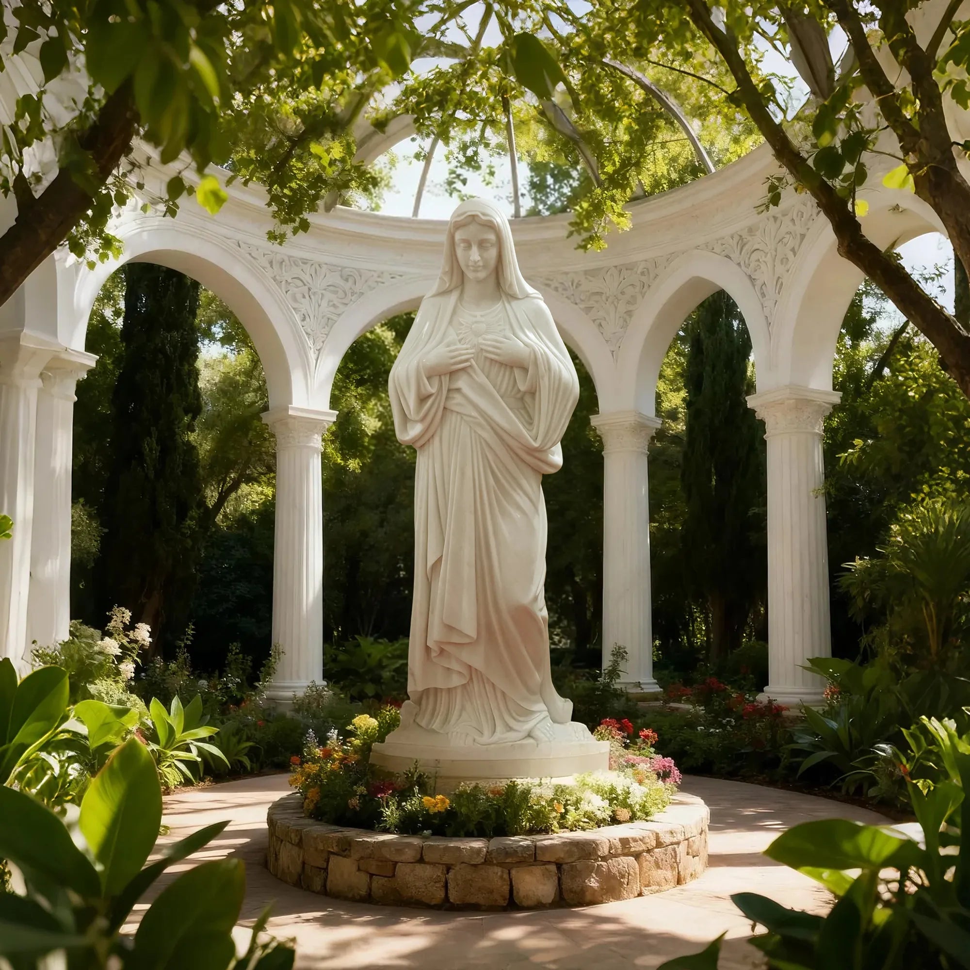 Marble Virgin Mary statue displayed in a peaceful garden surrounded by trees and classical white columns.