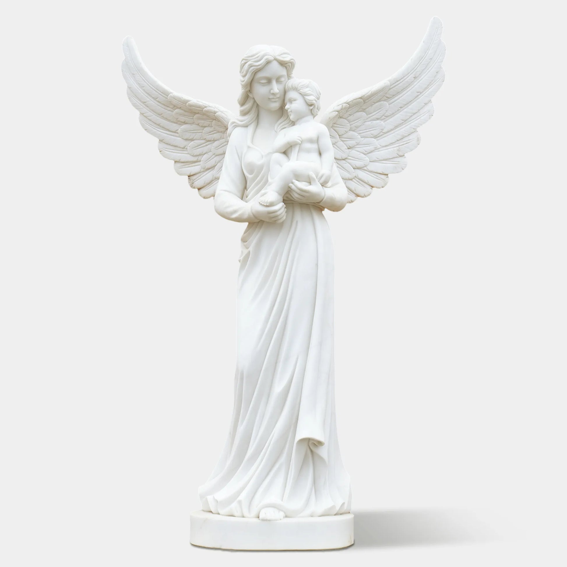Outdoor marble angel with child sculpture displayed in a classical garden.