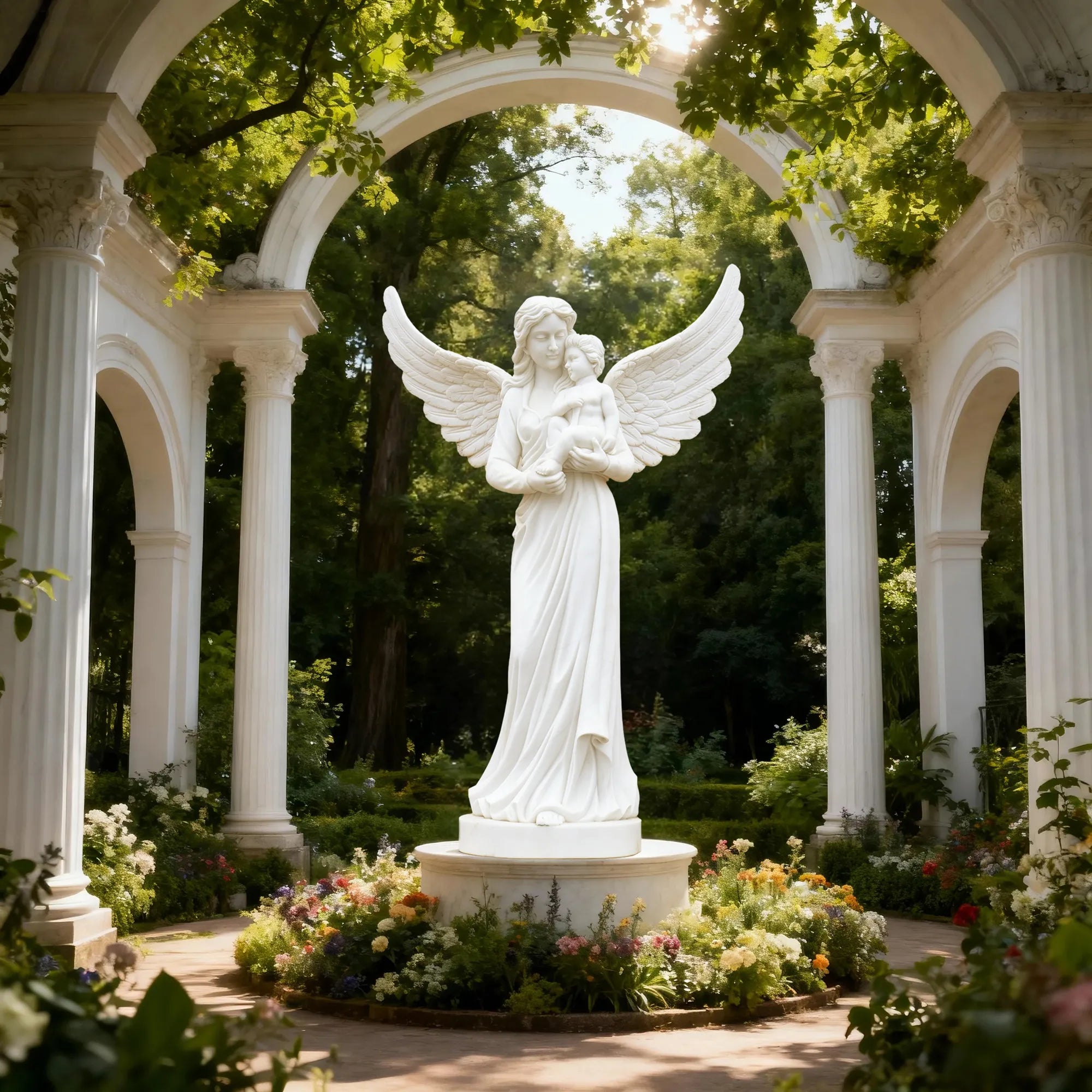 Outdoor marble angel with child sculpture displayed in a classical garden.