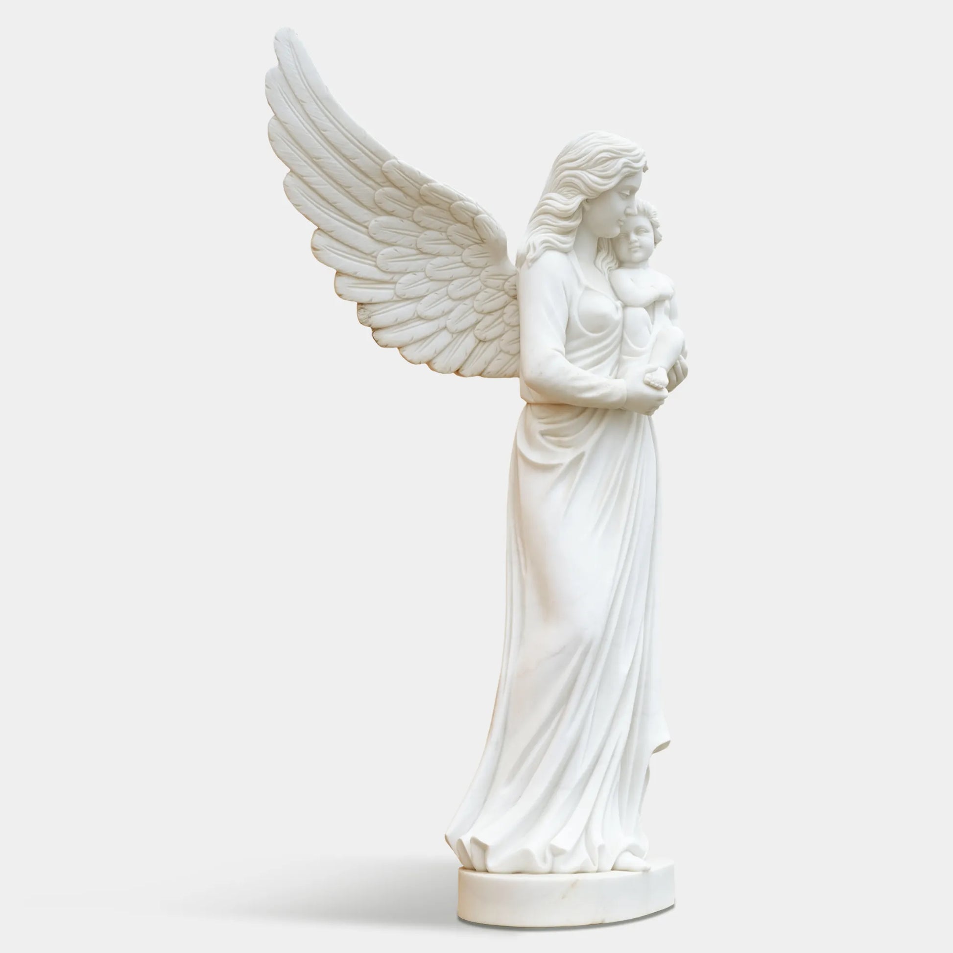 Outdoor marble angel with child sculpture displayed in a classical garden.