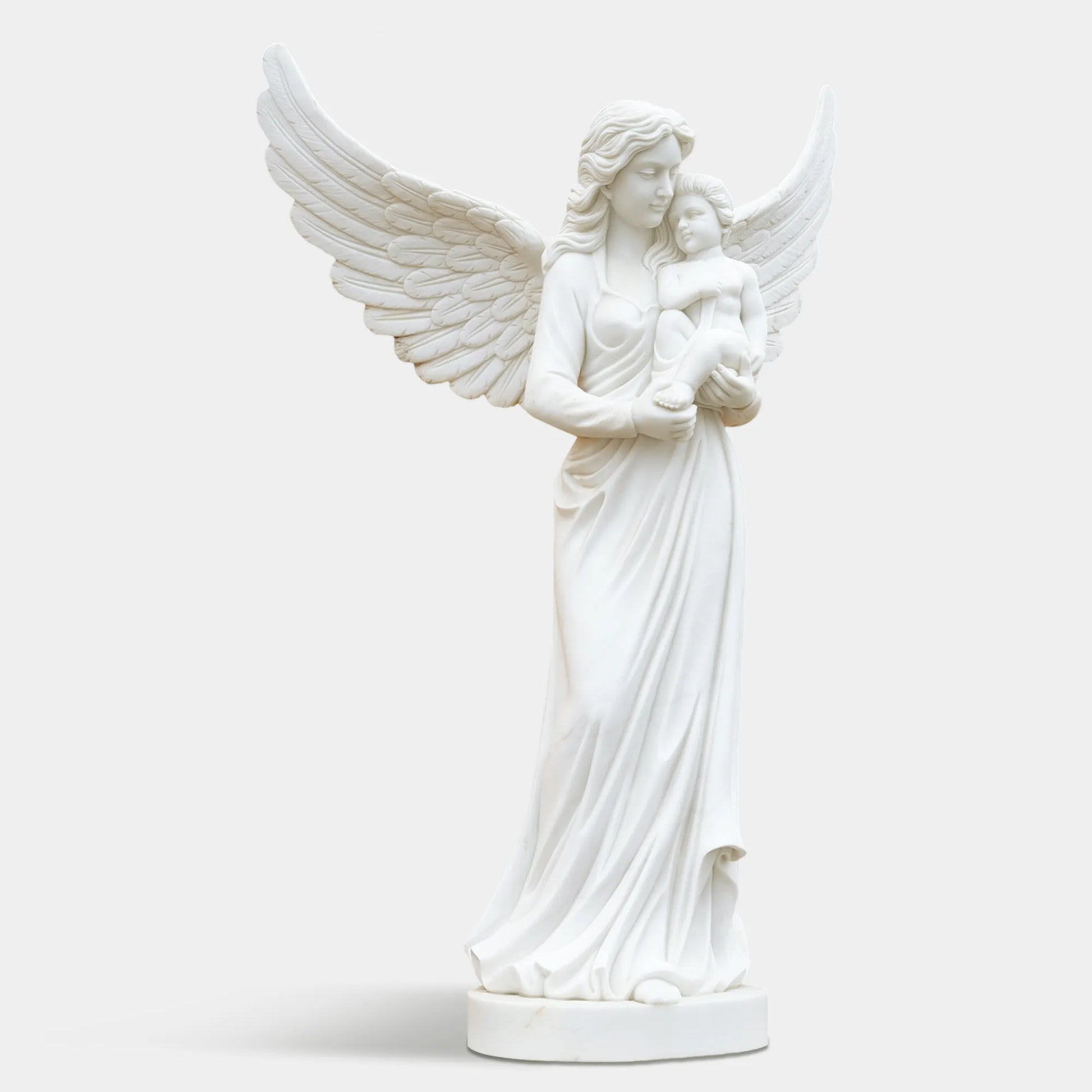 Outdoor marble angel with child sculpture displayed in a classical garden.