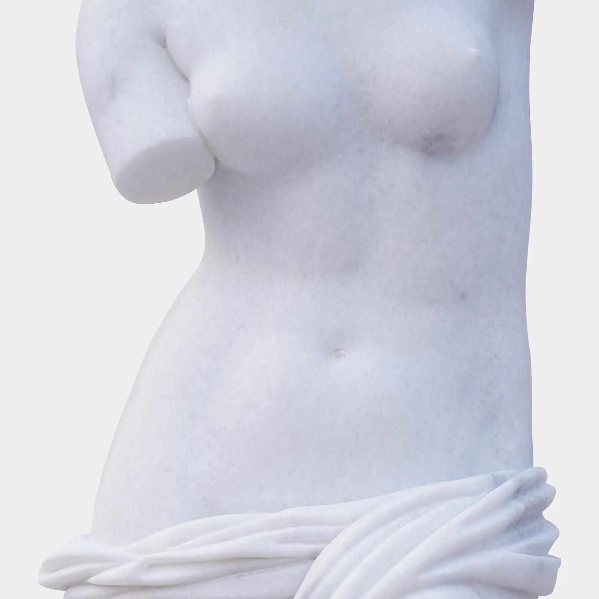 Marble sculpture of Venus de Milo with detailed Greek design standing on a pedestal.