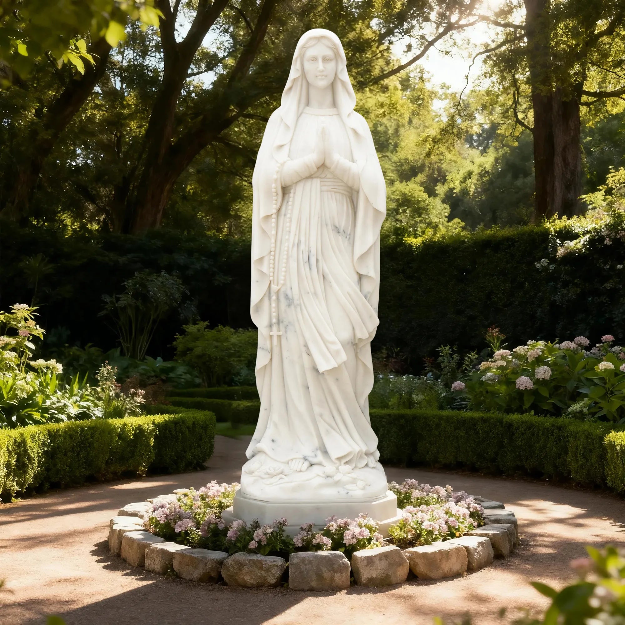 Marble sculpture of Virgin Mary standing in prayer with detailed robe texture displayed in a church or outdoor garden.