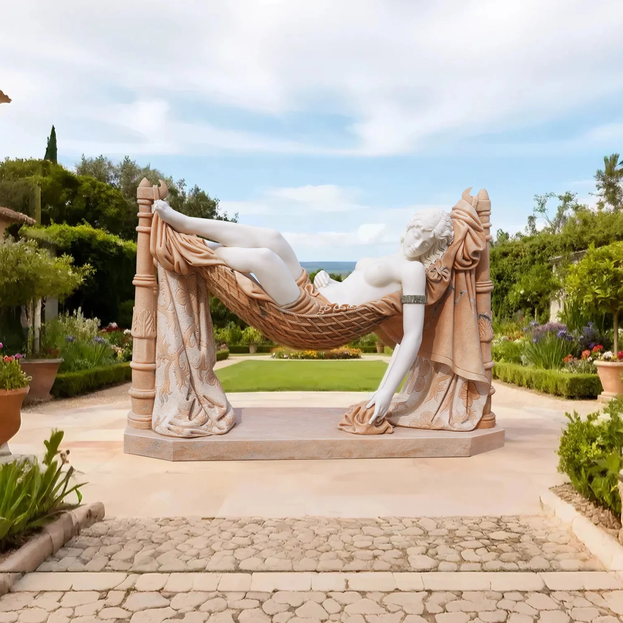 Marble sculpture of woman lying in hammock in villa garden.