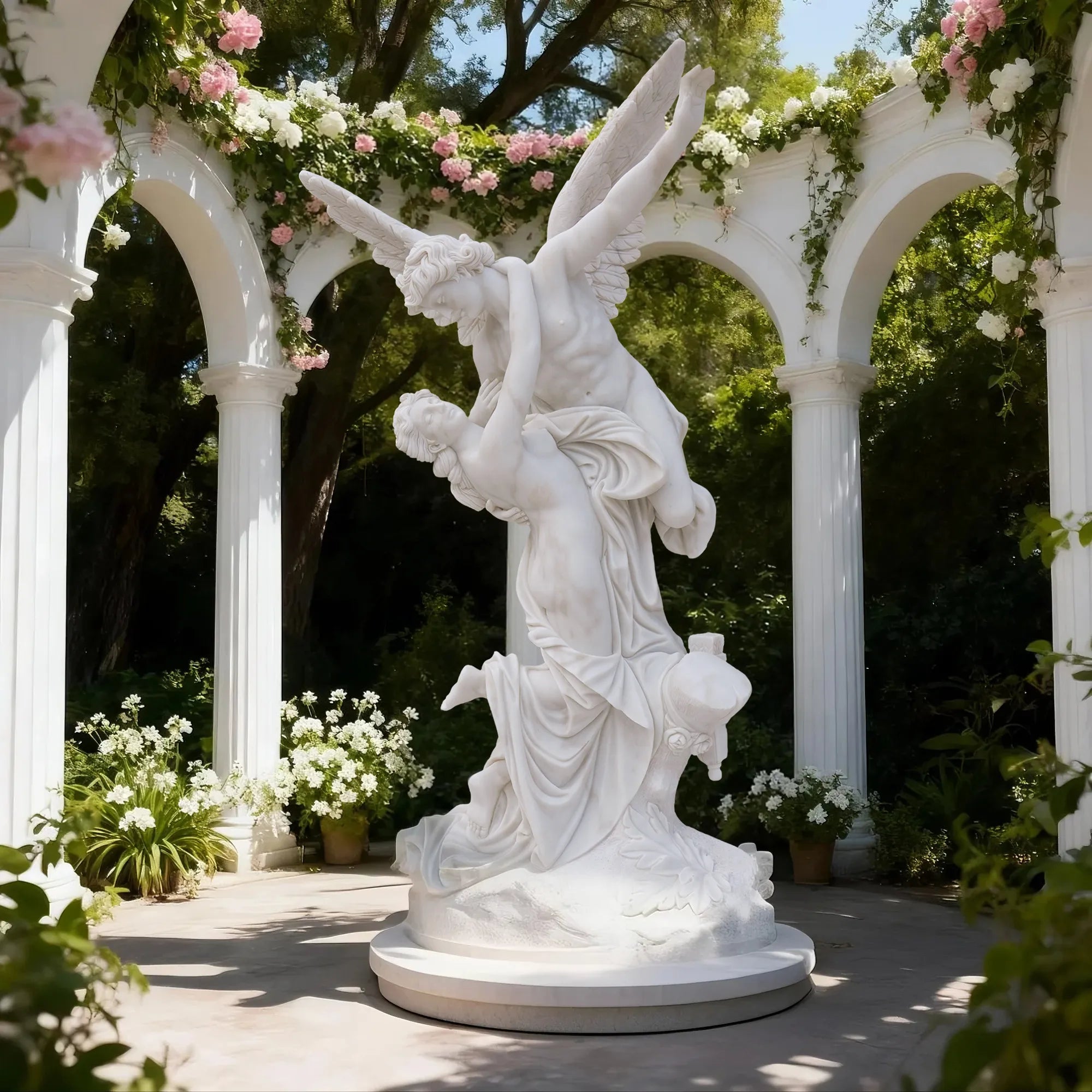 Marble sculpture of Cupid and Psyche with detailed wings and flowing forms.