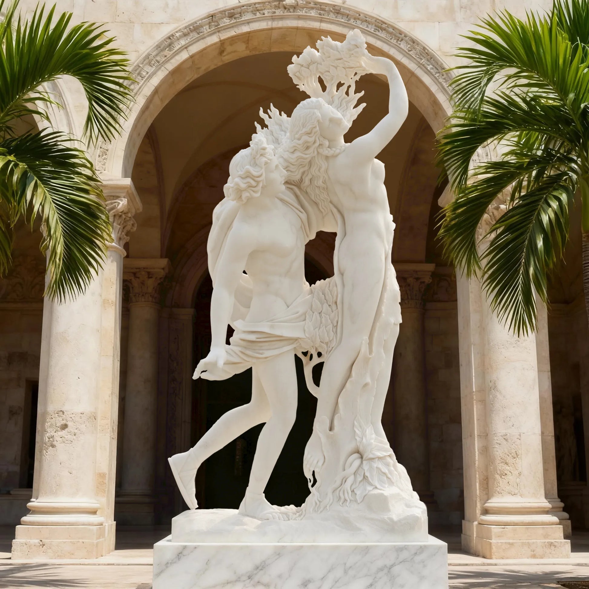 Marble sculpture of Apollo and Daphne in transformation, showing Apollo reaching for Daphne as she turns into a laurel tree, displayed outdoors in a classical courtyard with marble arches and palm trees.