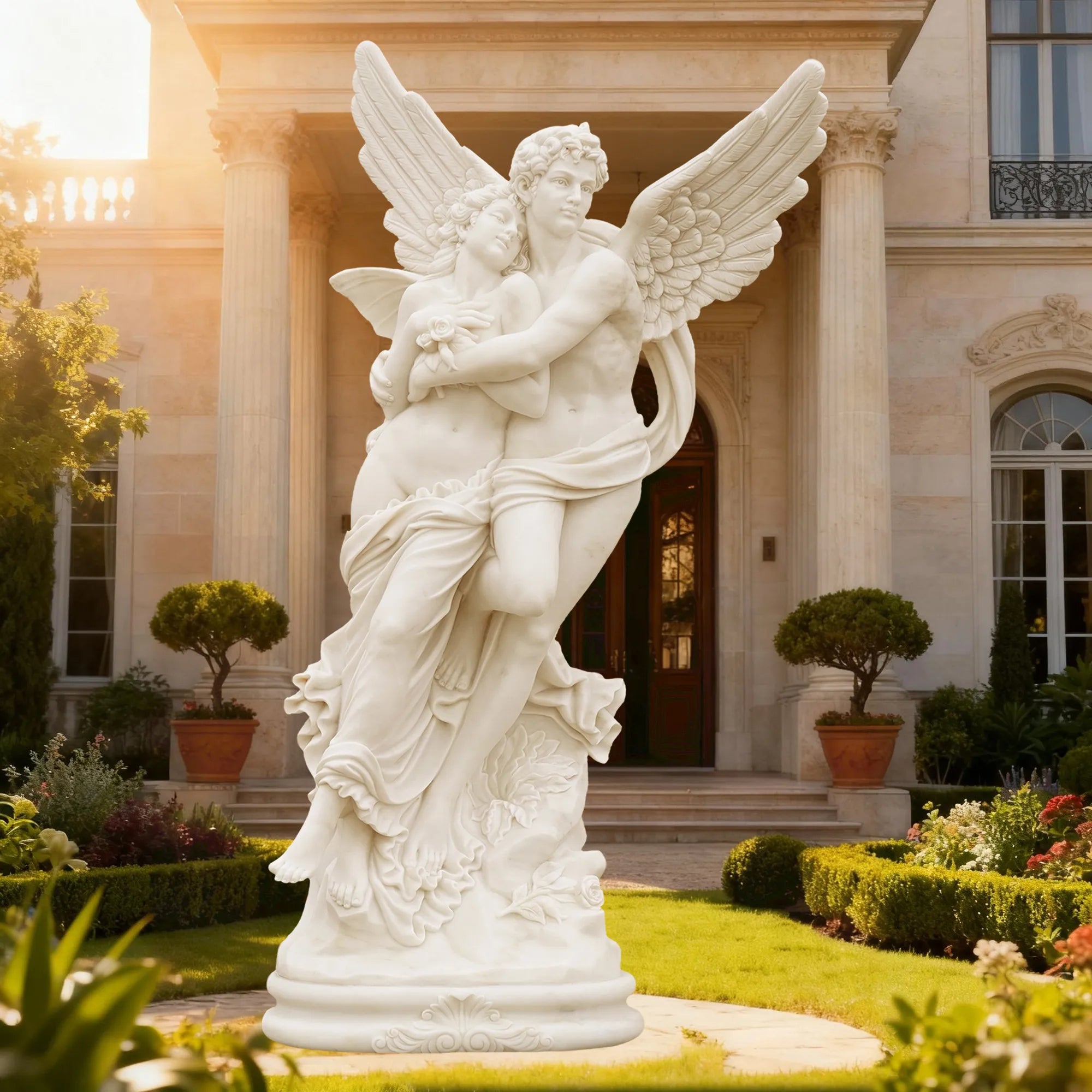 Romantic marble sculpture of Cupid and Psyche in elegant villa garden, showing detailed wings and graceful embrace under sunlight.