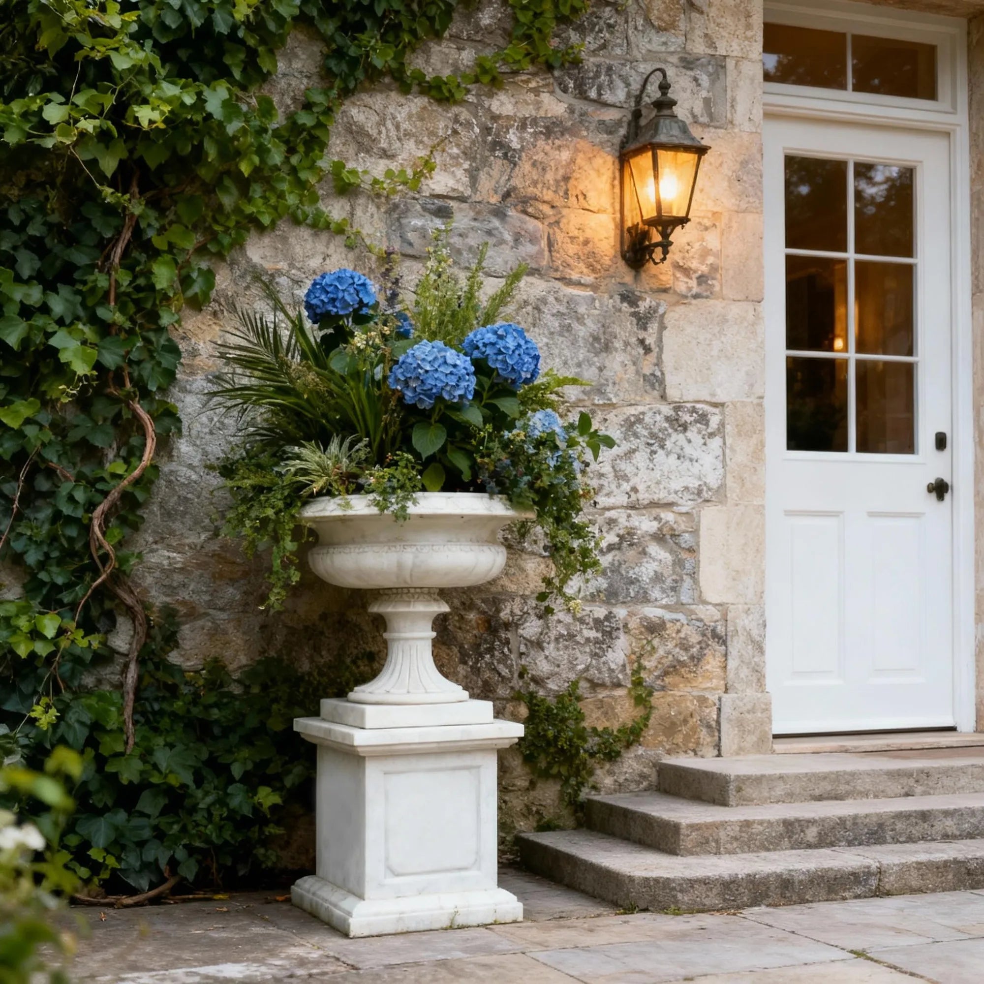 Marble planter sculpture filled with blue hydrangeas beside a stone villa entrance.