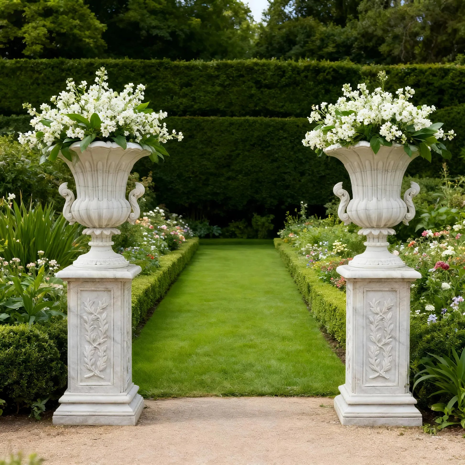 Pair of marble planter sculptures with white flowers framing a garden pathway.