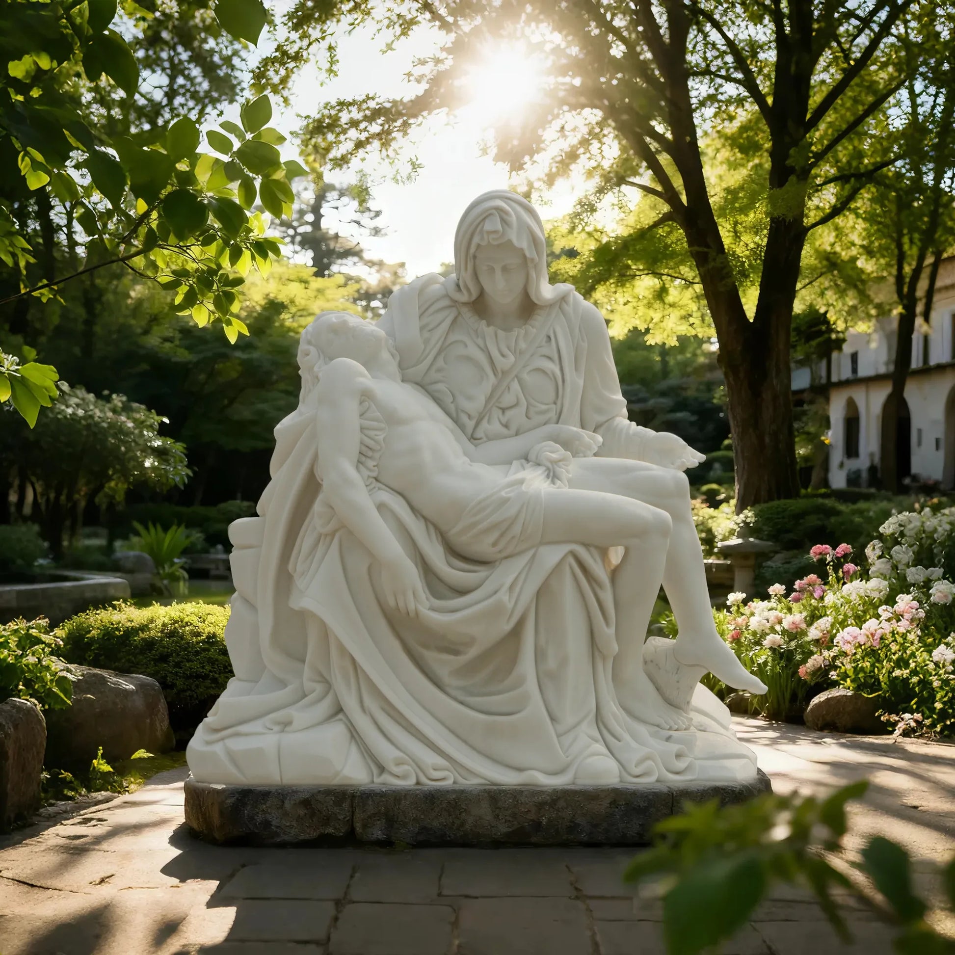 Marble Pietà sculpture placed in a tranquil garden with sunlight filtering through trees.