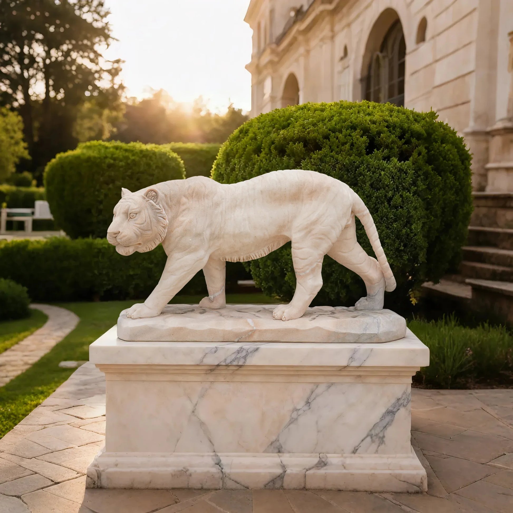 Elegant marble tiger sculpture displayed in a luxury garden at sunset.
