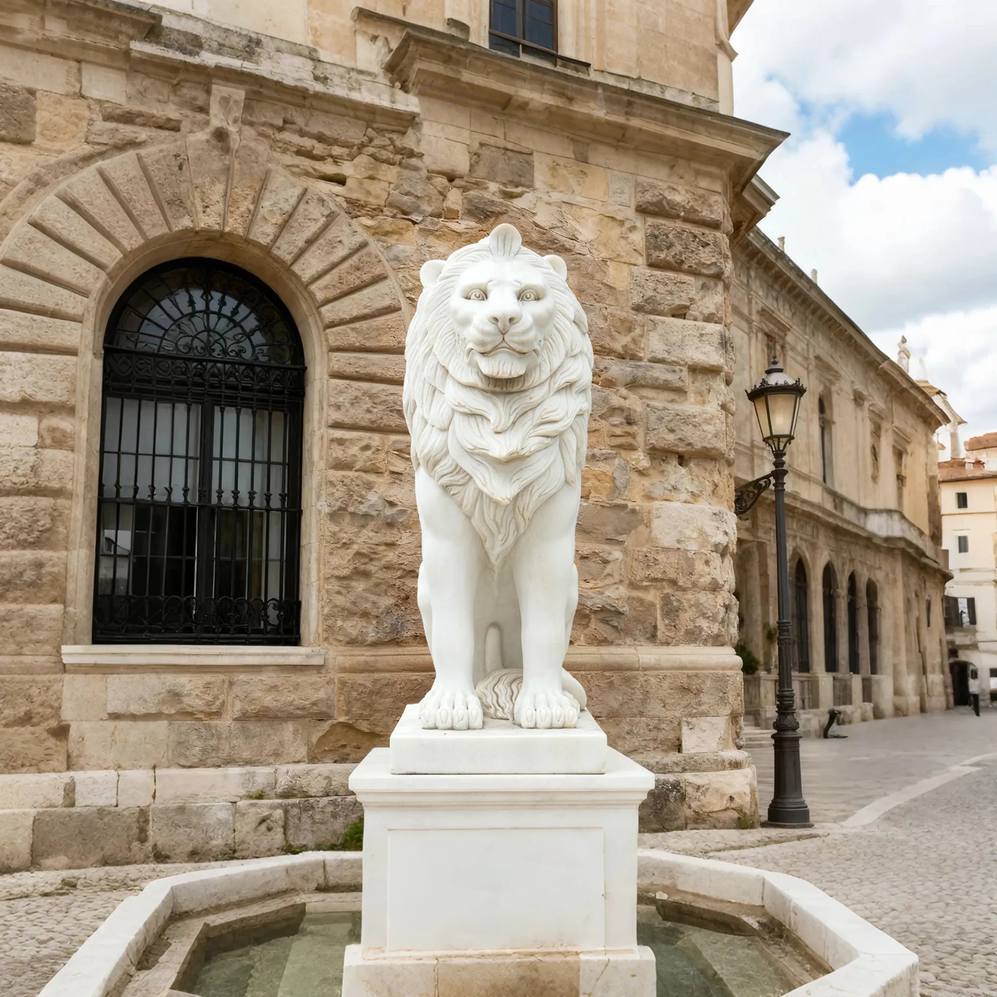 Contemporary marble lion statue with smooth polished surface and refined details.