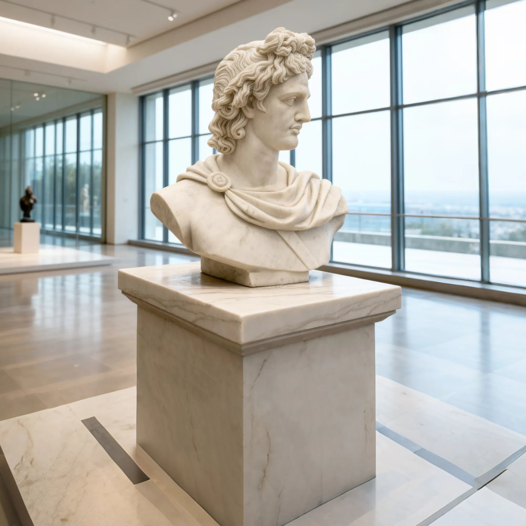 Apollo marble bust on matching pedestal photographed in a gallery interior.