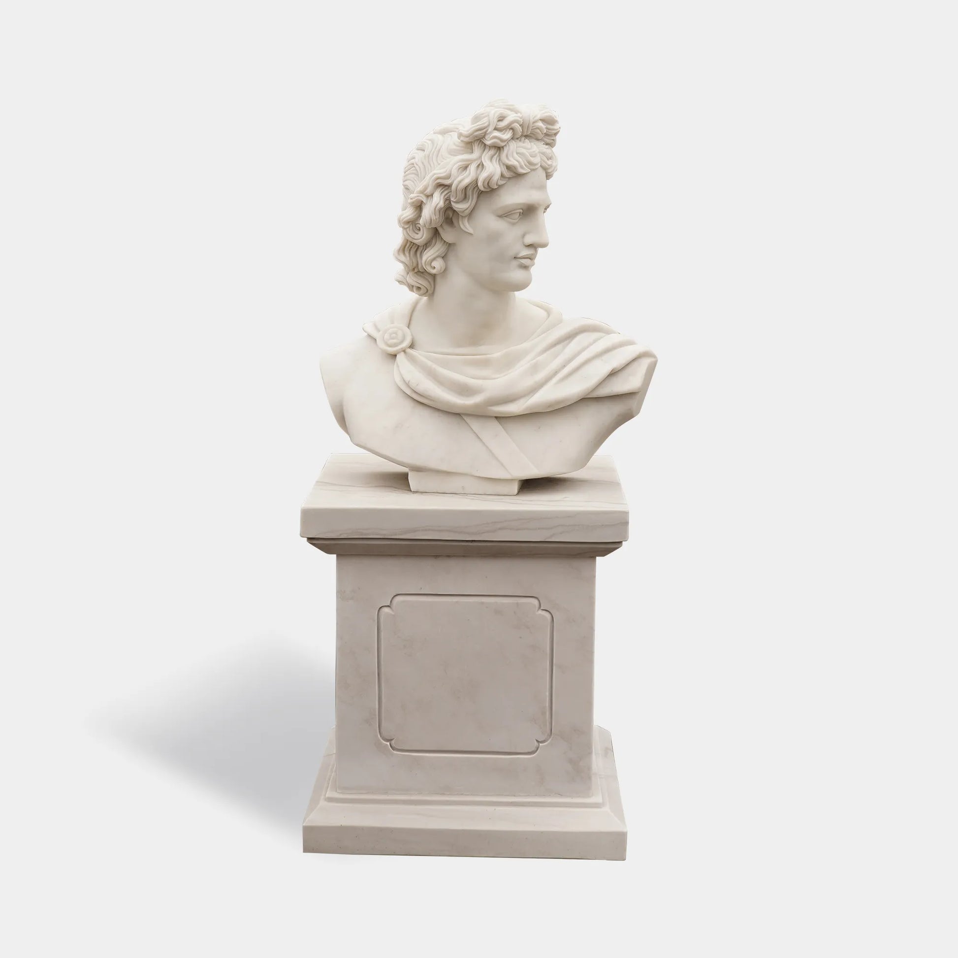 Apollo marble bust on matching pedestal photographed in a gallery interior.