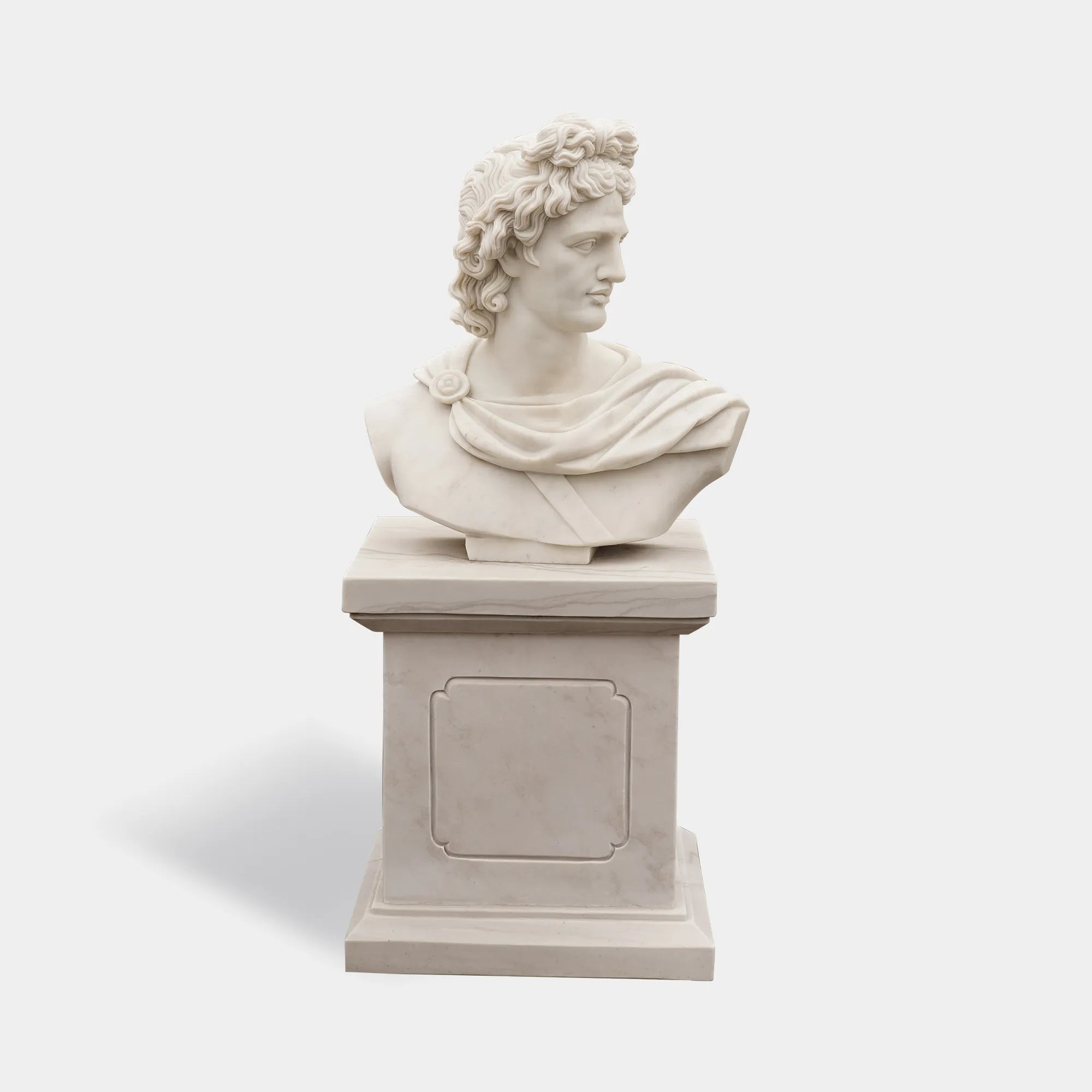 Apollo marble bust on matching pedestal photographed in a gallery interior.