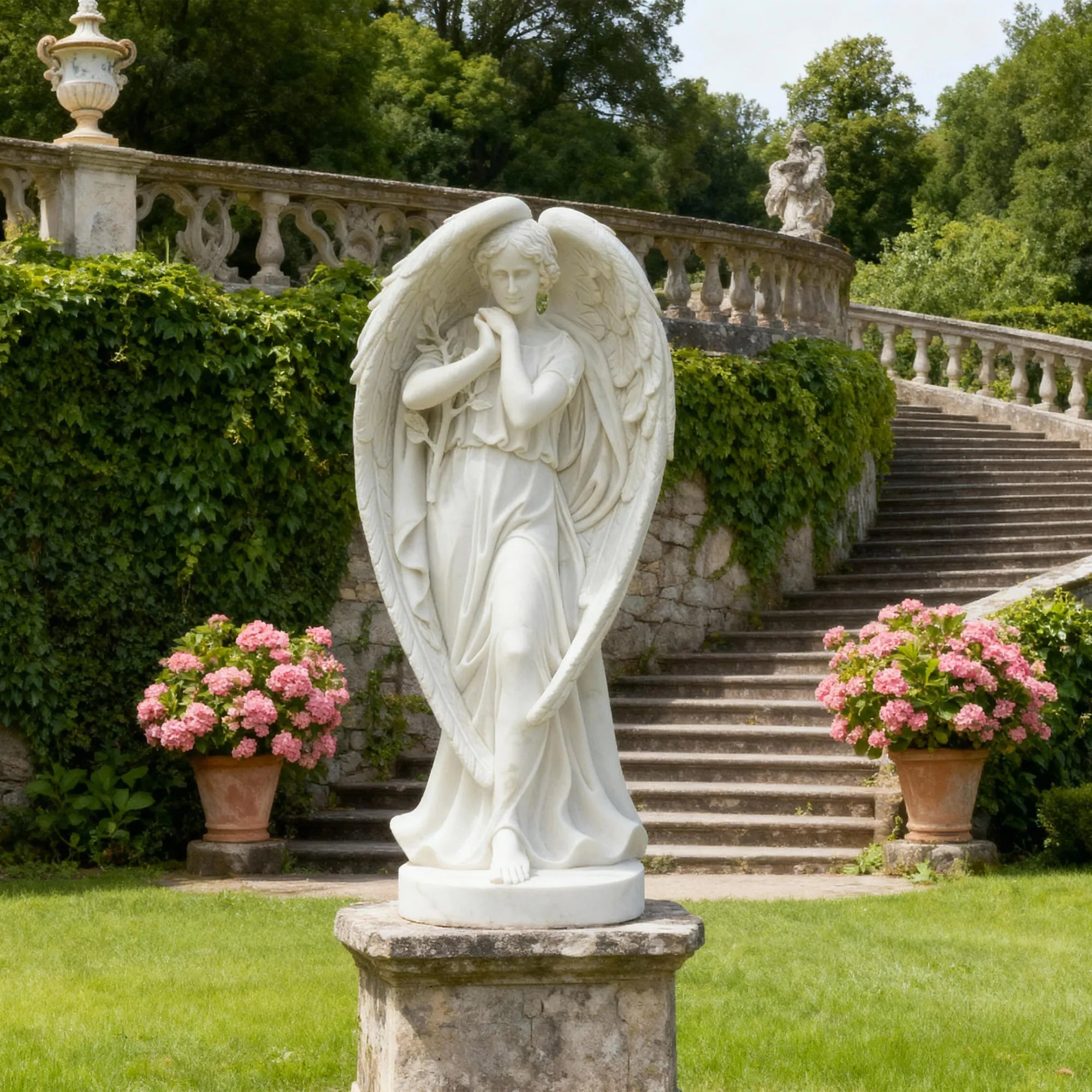 White marble angel statue standing on round base.
