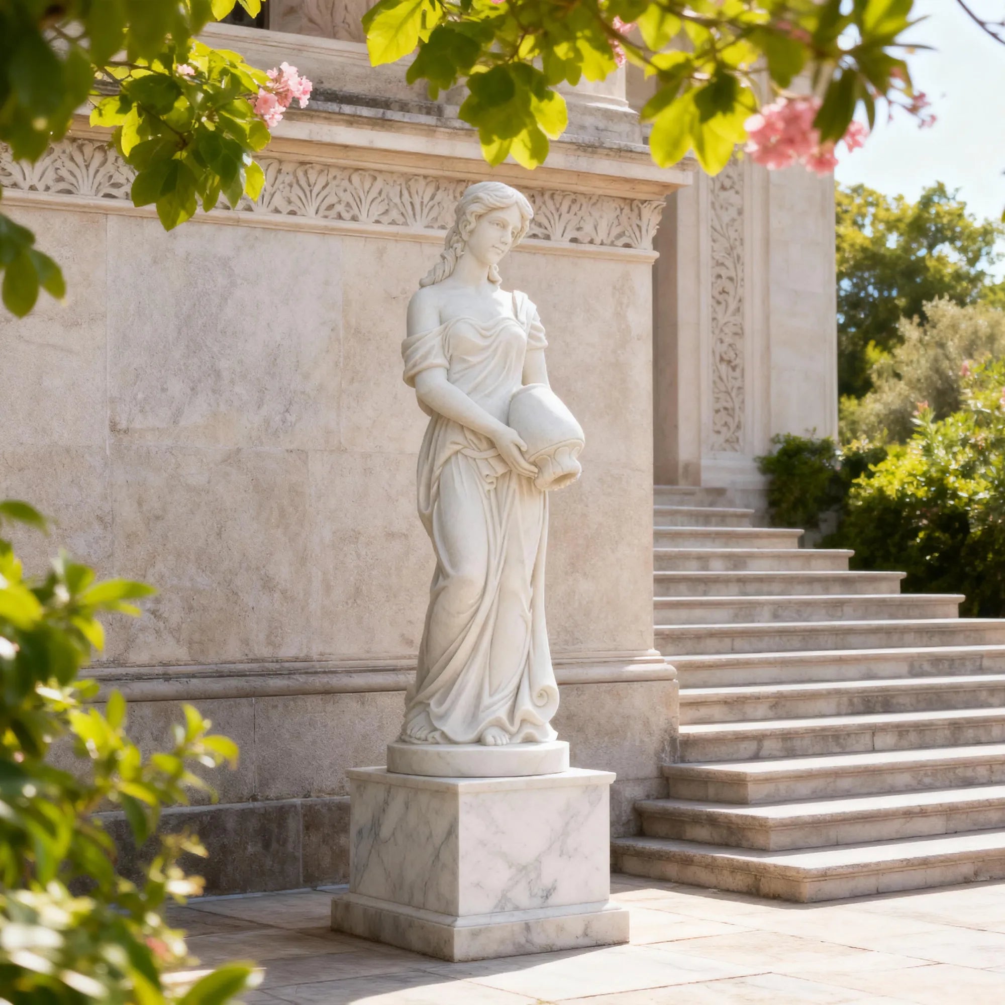 Marble female statue holding a vessel in a garden setting.