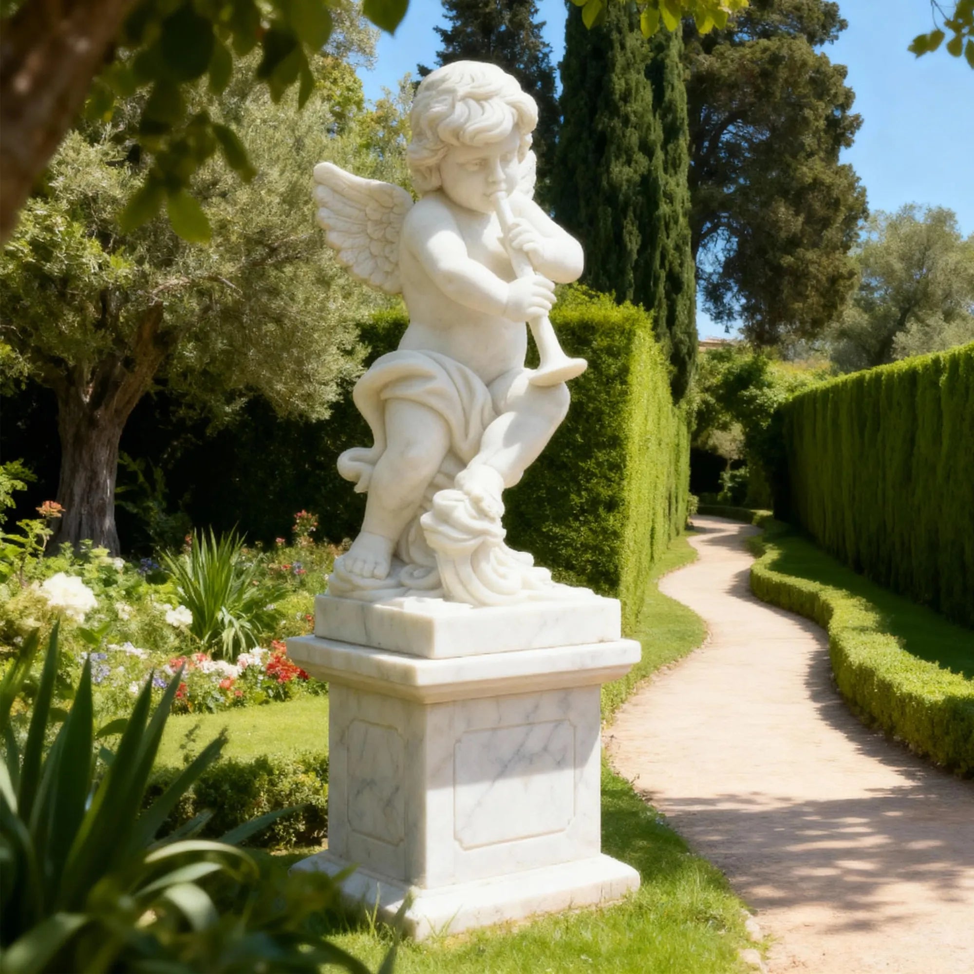 White marble cherub angel statue playing a flute on a pedestal in the garden path.