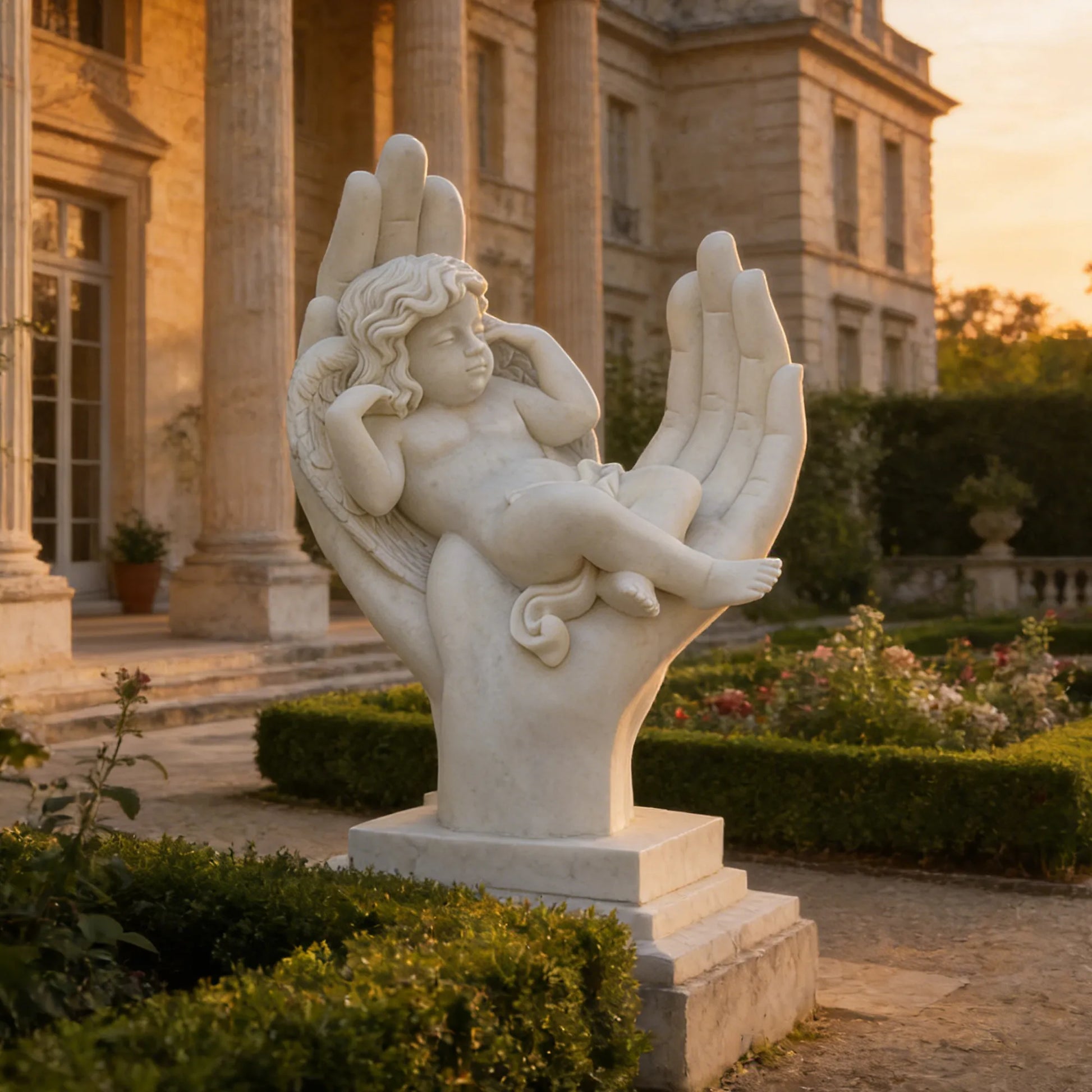 Marble cherub angel sculpture resting in large open hands in a formal garden courtyard in front of a classical building.