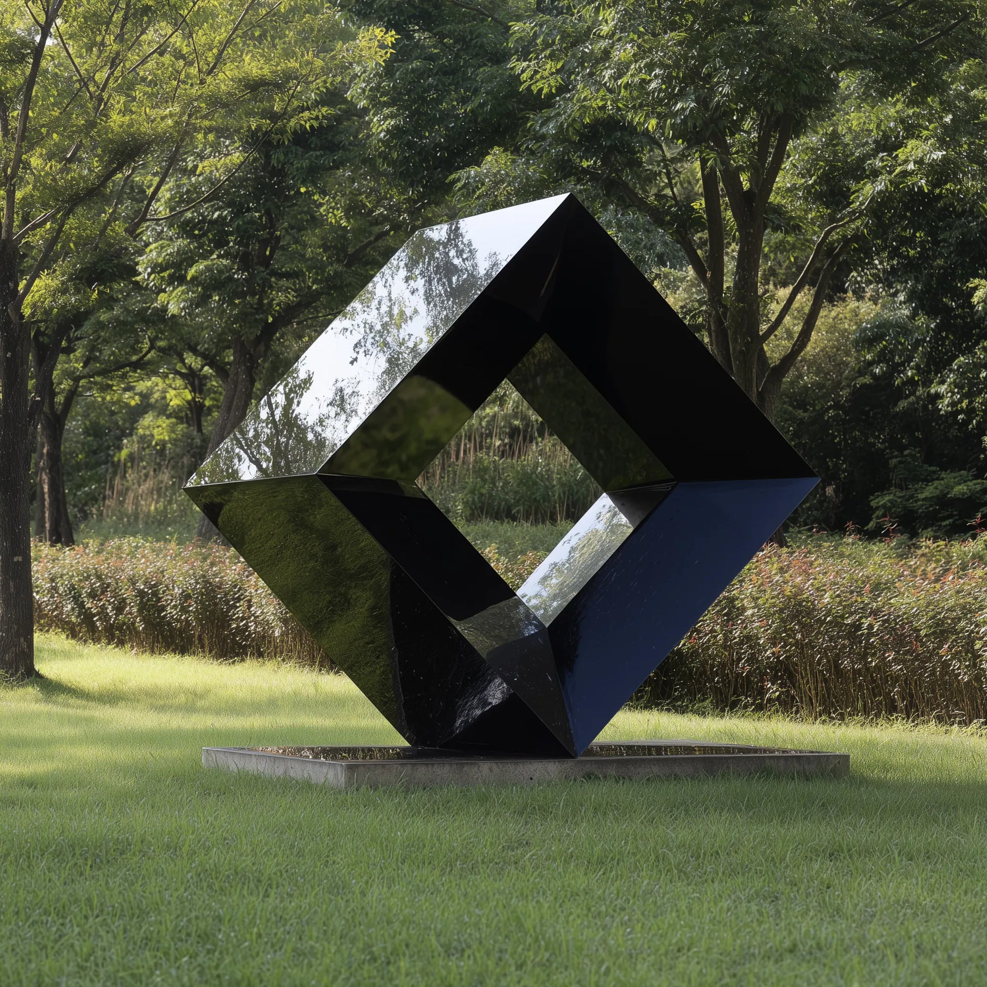 Modern stainless steel geometric cube sculpture with polished mirror finish for luxury gardens and outdoor art spaces