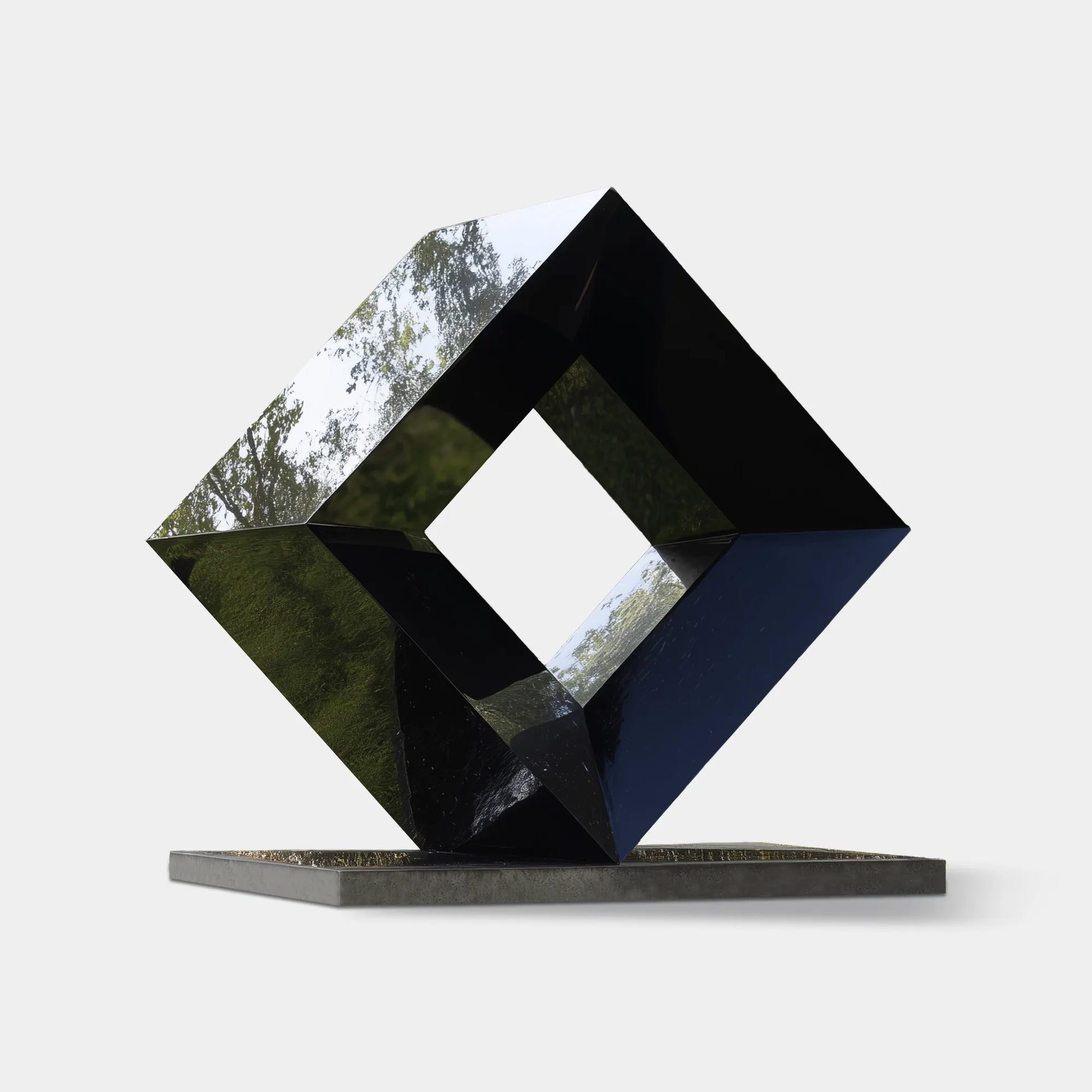 Modern stainless steel geometric cube sculpture with polished mirror finish for luxury gardens and outdoor art spaces