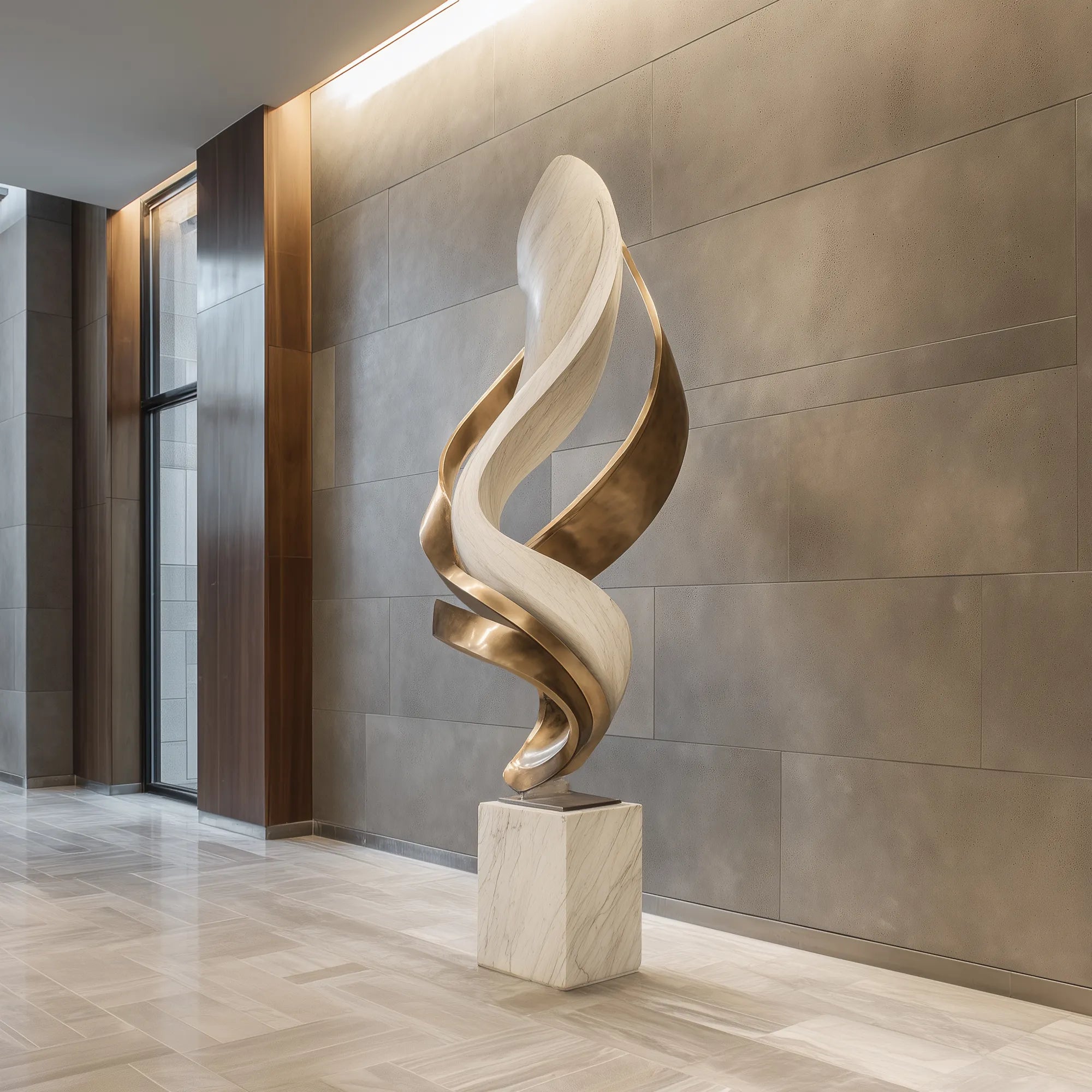 Stainless steel ribbon-shaped sculpture with stone-textured finish on a square base.