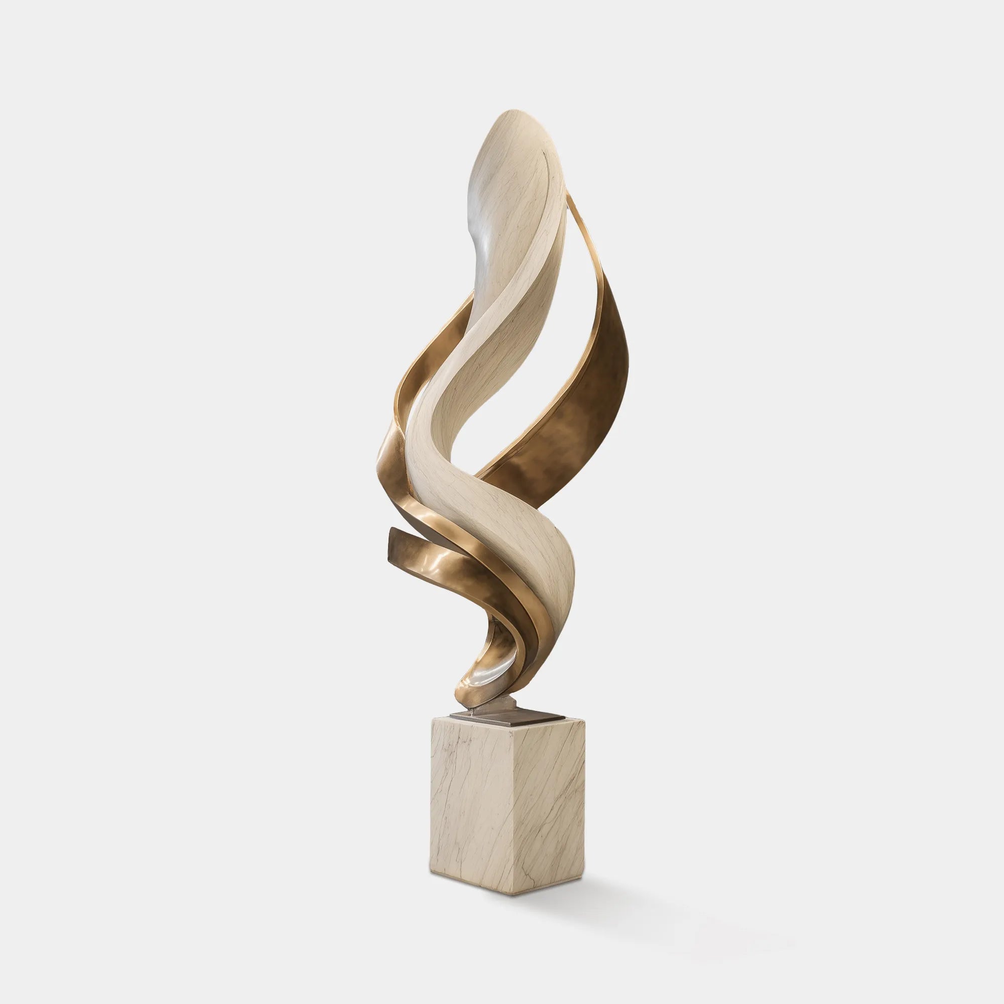 Stainless steel ribbon-shaped sculpture with stone-textured finish on a square base.