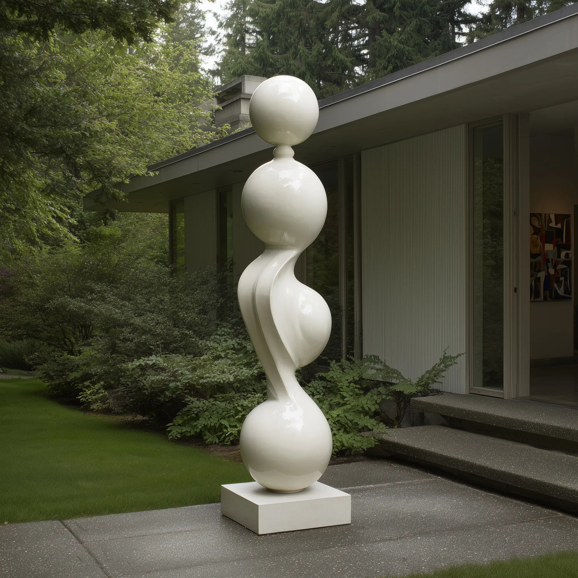 White stainless steel stacked sphere sculpture for outdoor garden or entryway.