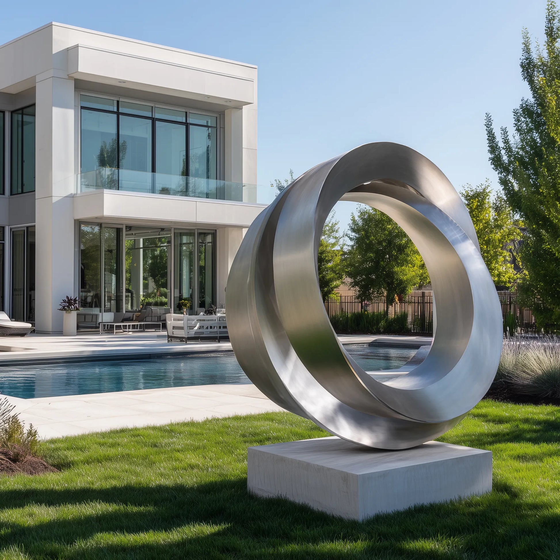 Stainless steel layered ring sculpture on a square base displayed outdoors.